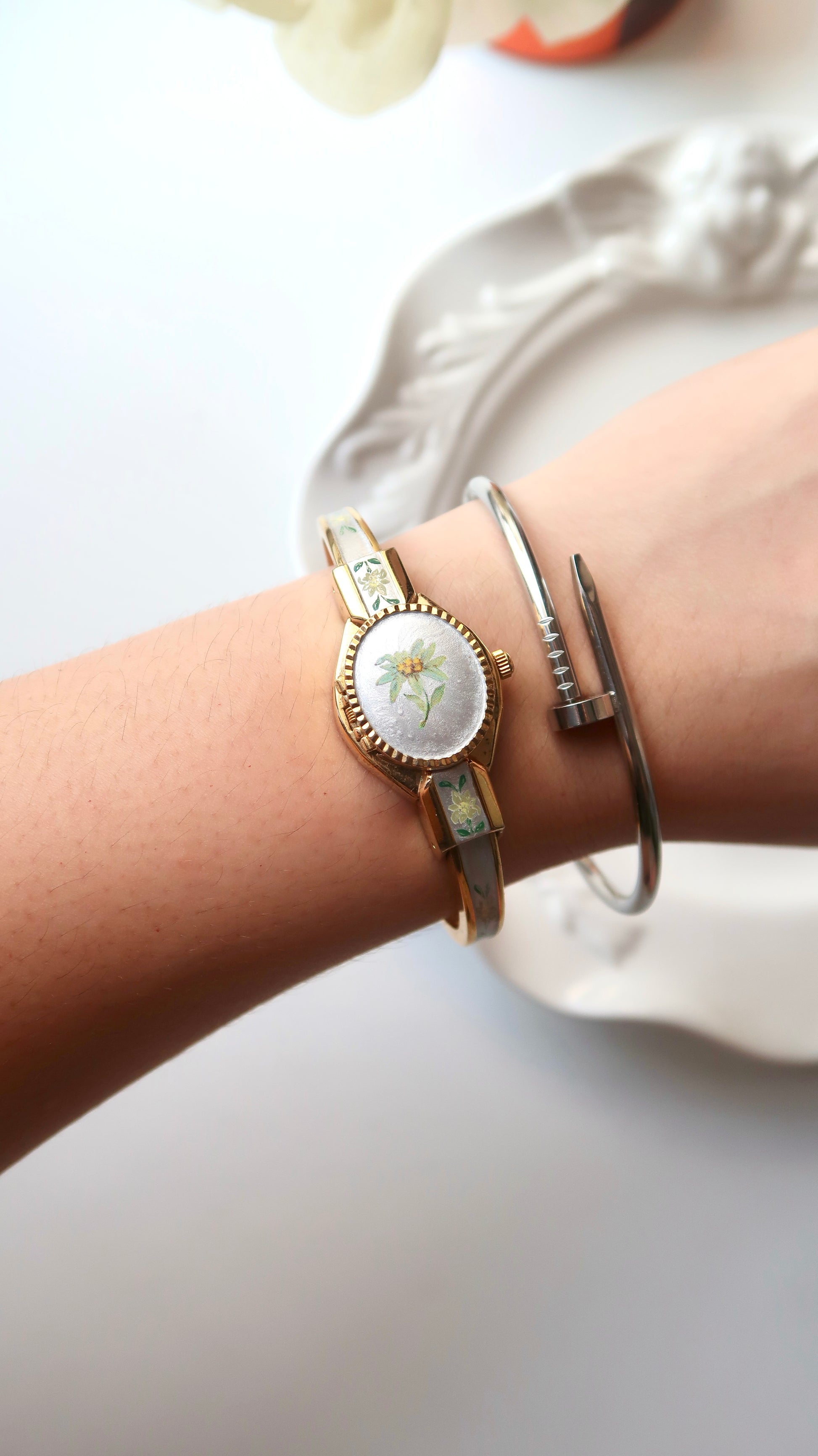 AM. Silver & Green Flower Dial Gold Bangle Watch