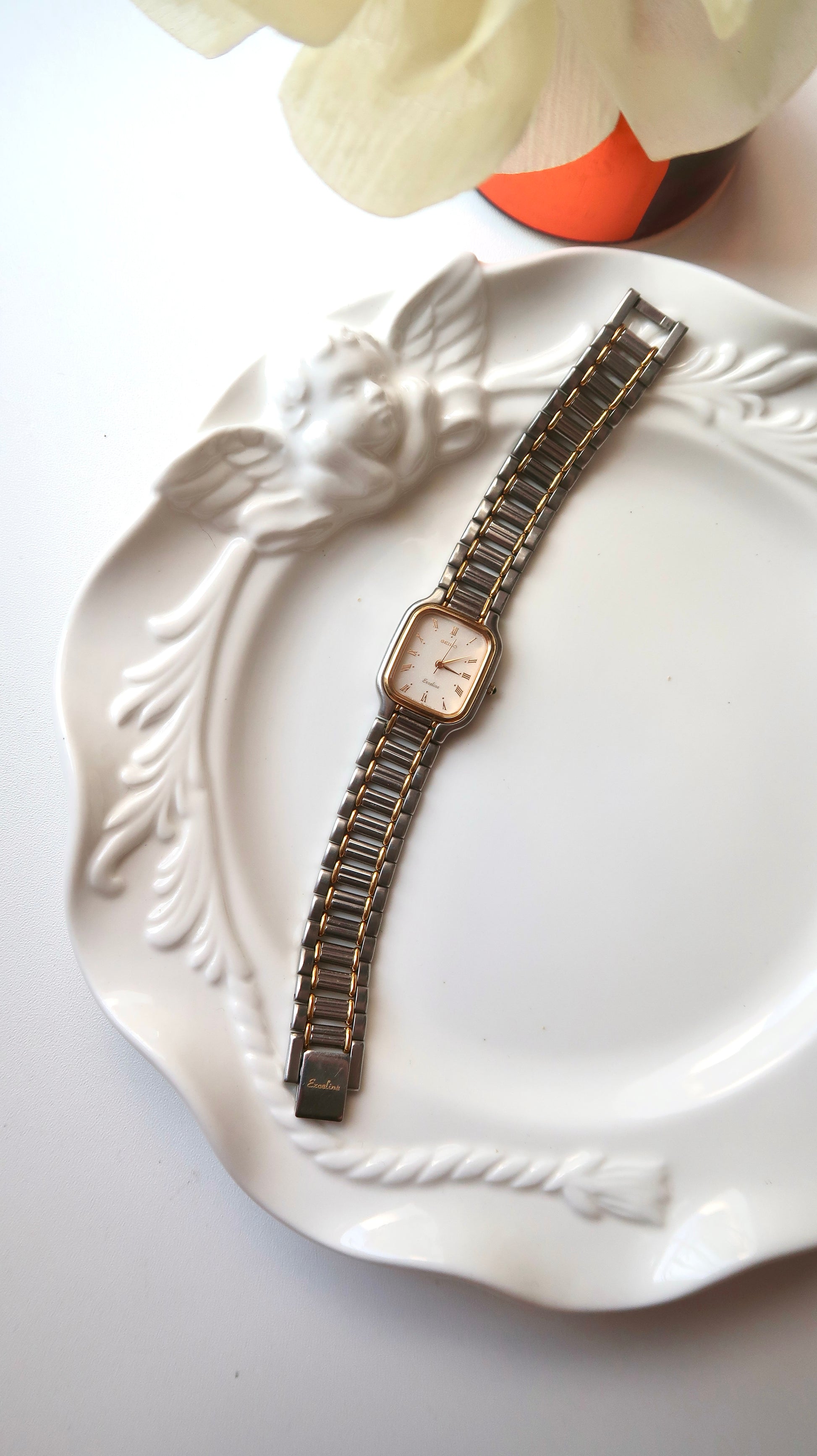 S. Exceline Beige Rect Dial with Two Tone Chain Watch