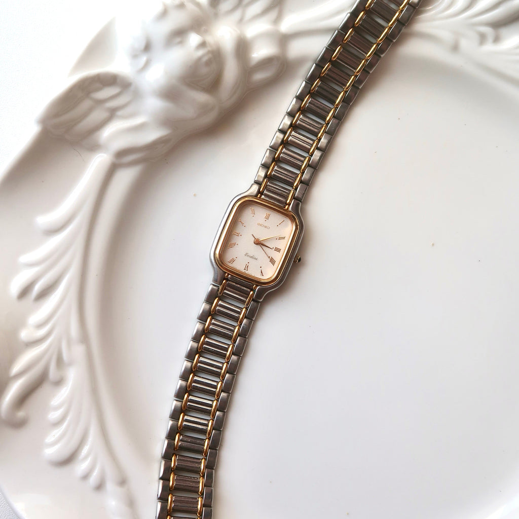 S. Exceline Beige Rect Dial with Two Tone Chain Watch