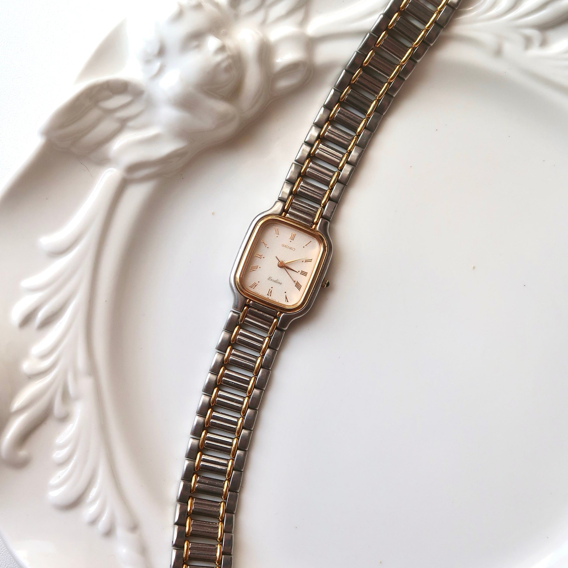 S. Exceline Beige Rect Dial with Two Tone Chain Watch