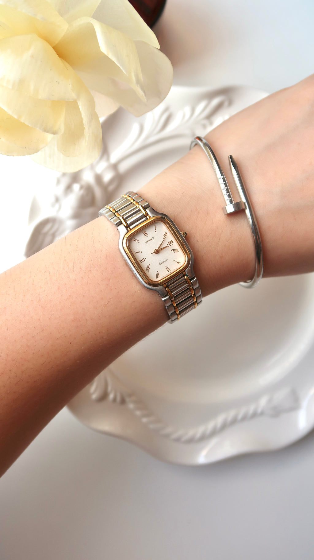 S. Exceline Beige Rect Dial with Two Tone Chain Watch