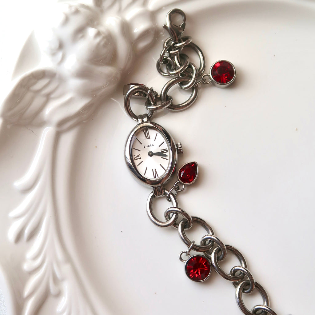 FUR. White Oval Roman Dial with Silver & Red Jewels Bracelet Chain Watch
