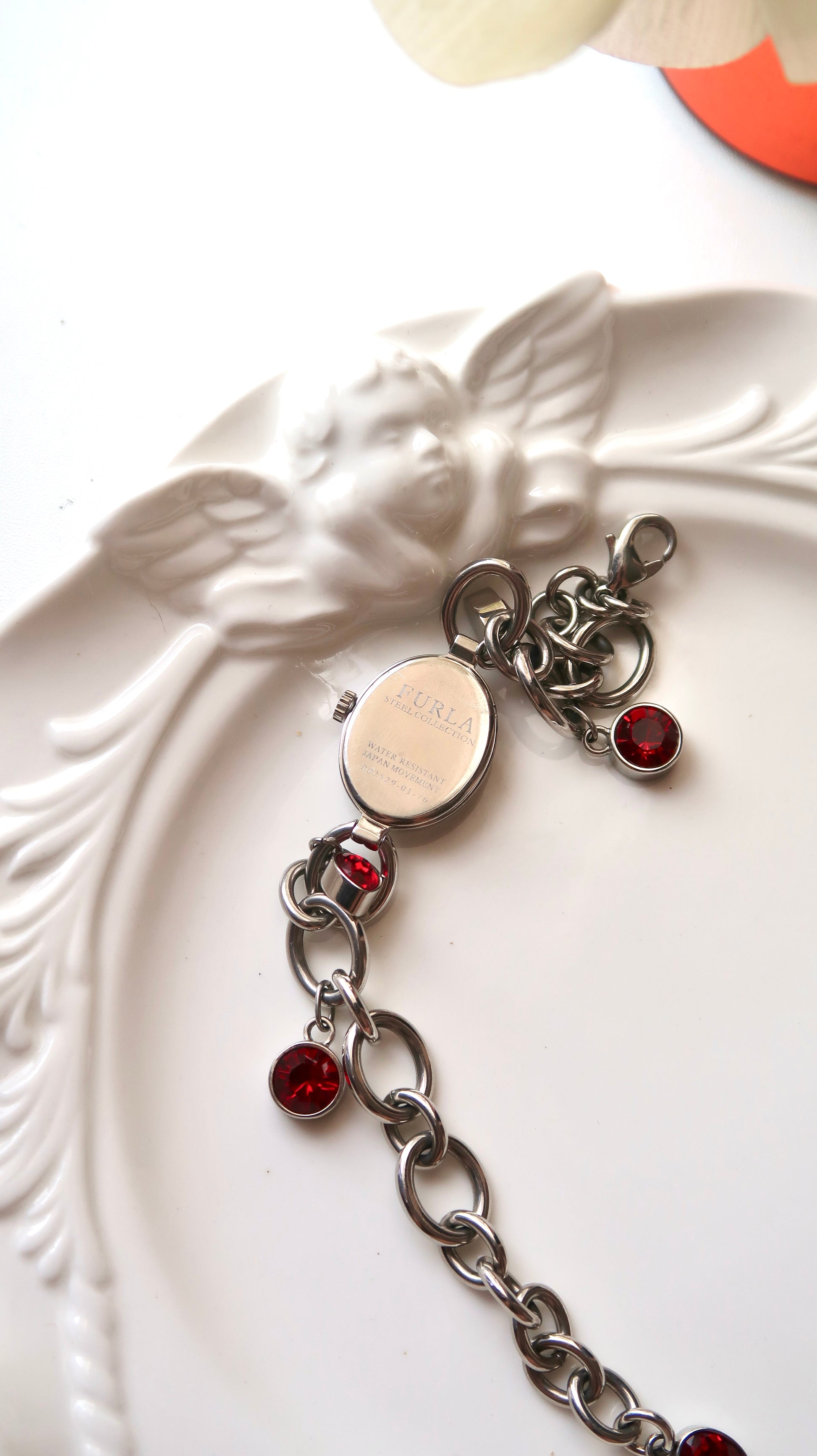 FUR. White Oval Roman Dial with Silver & Red Jewels Bracelet Chain Watch