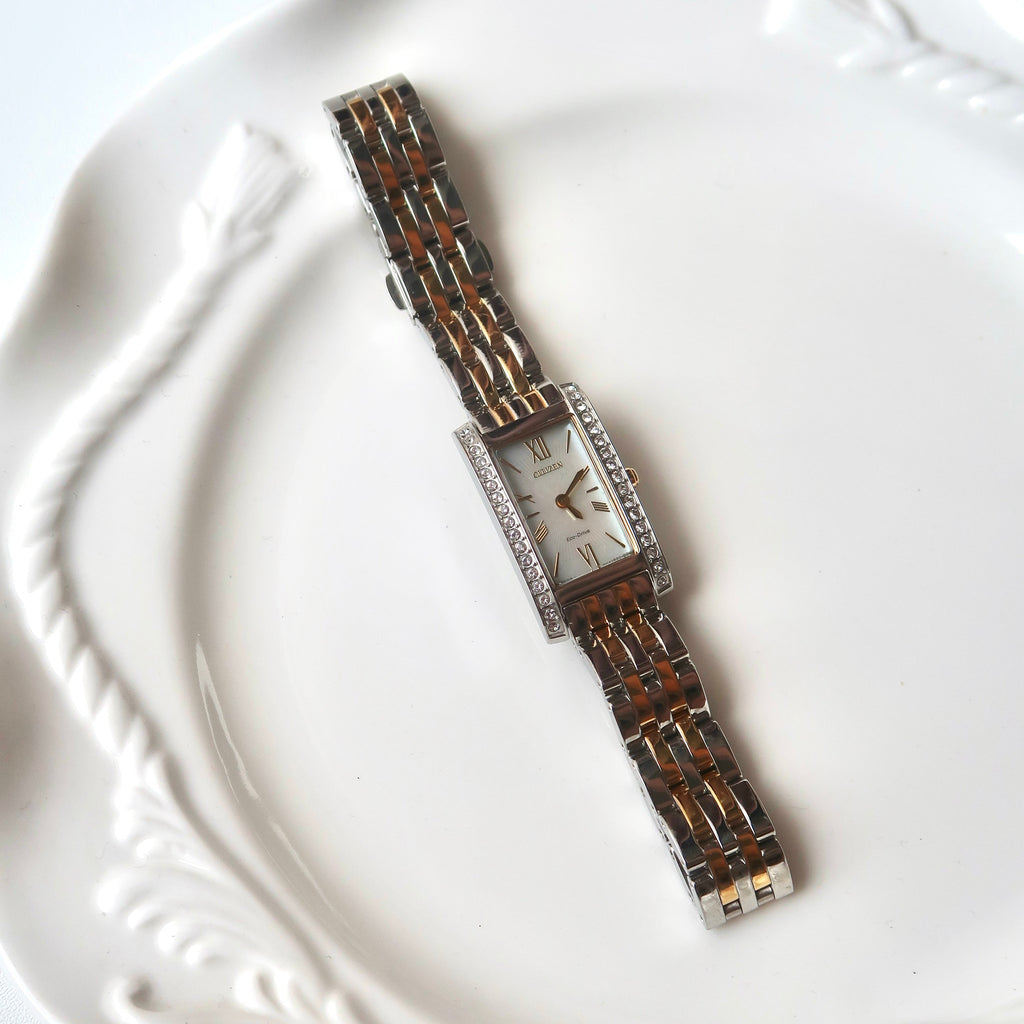 CTZ. Eco Drive White MOP Rect Dial Two Tone Chain Watch
