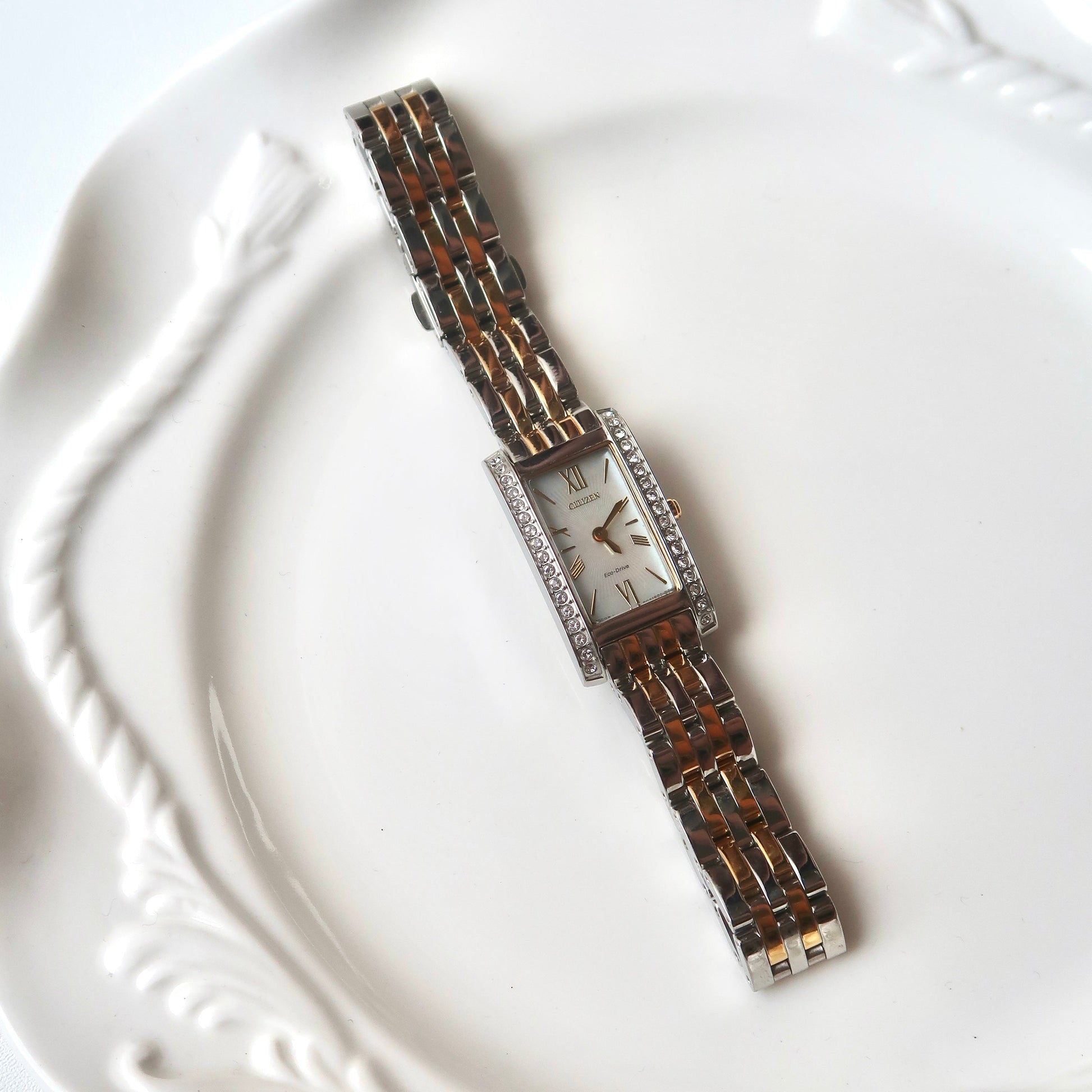 CTZ. Eco Drive White MOP Rect Dial Two Tone Chain Watch