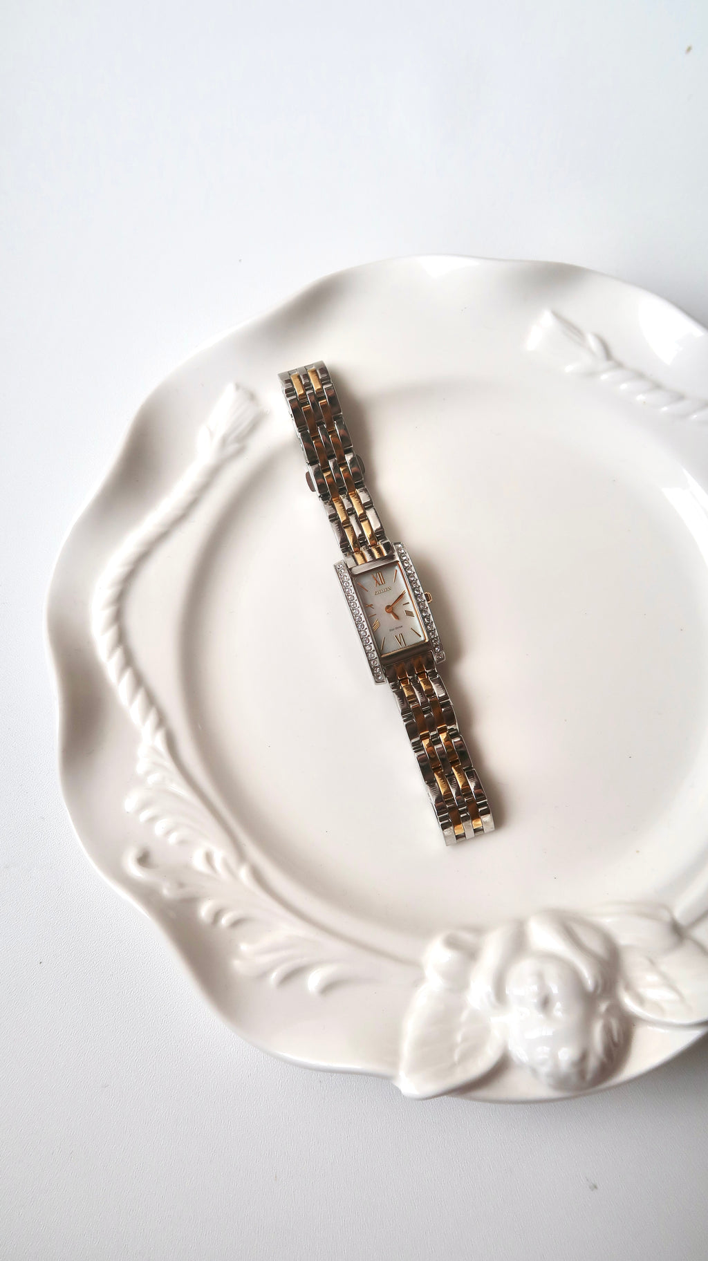CTZ. Eco Drive White MOP Rect Dial Two Tone Chain Watch