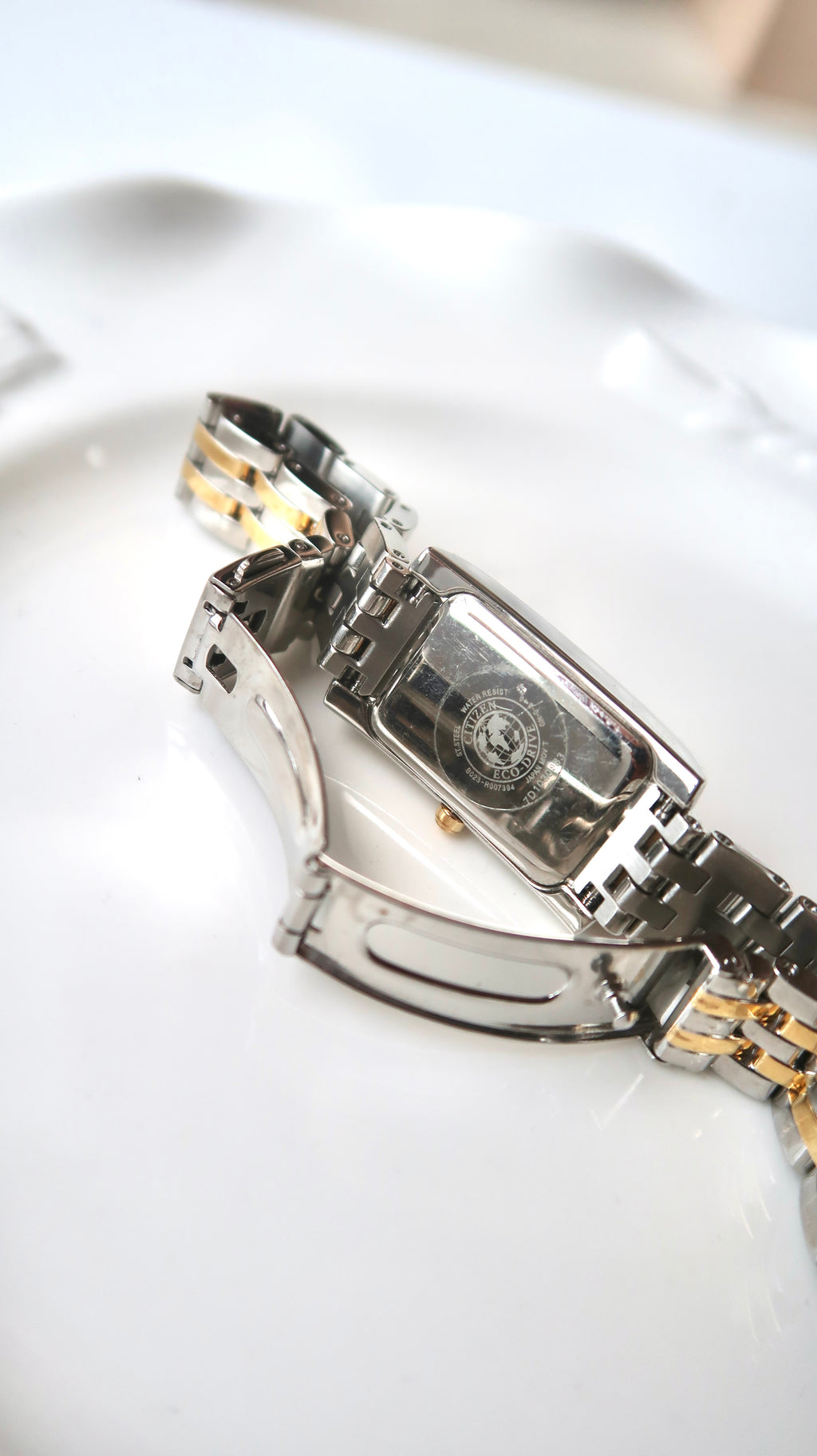 CTZ. Eco Drive White MOP Rect Dial Two Tone Chain Watch