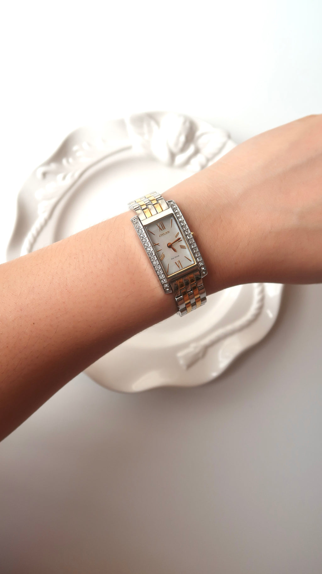 CTZ. Eco Drive White MOP Rect Dial Two Tone Chain Watch