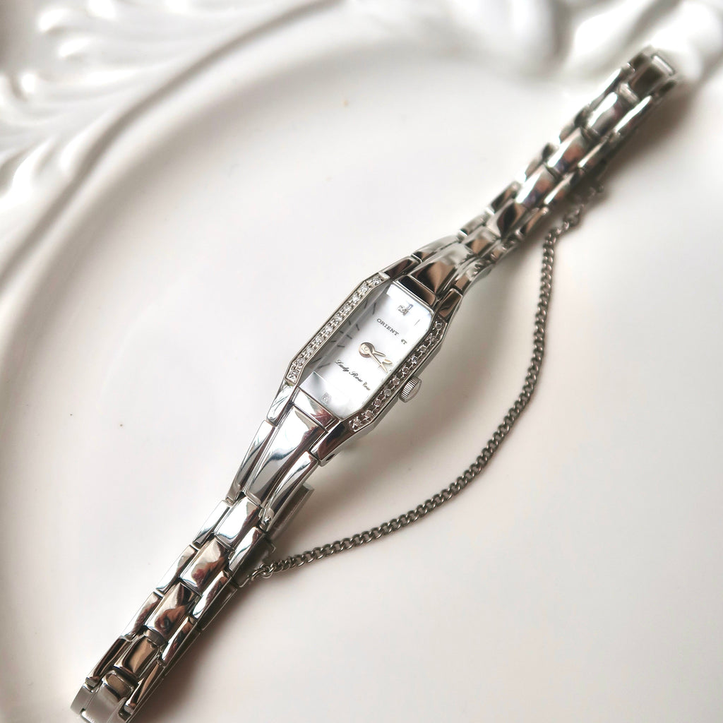 Or. Lady Rose White MOP Rect Dial Silver Chain Watch