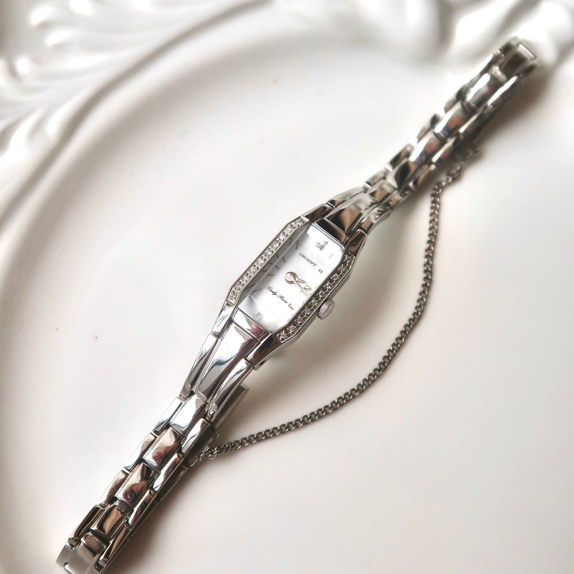 Or. Lady Rose White MOP Rect Dial Silver Chain Watch