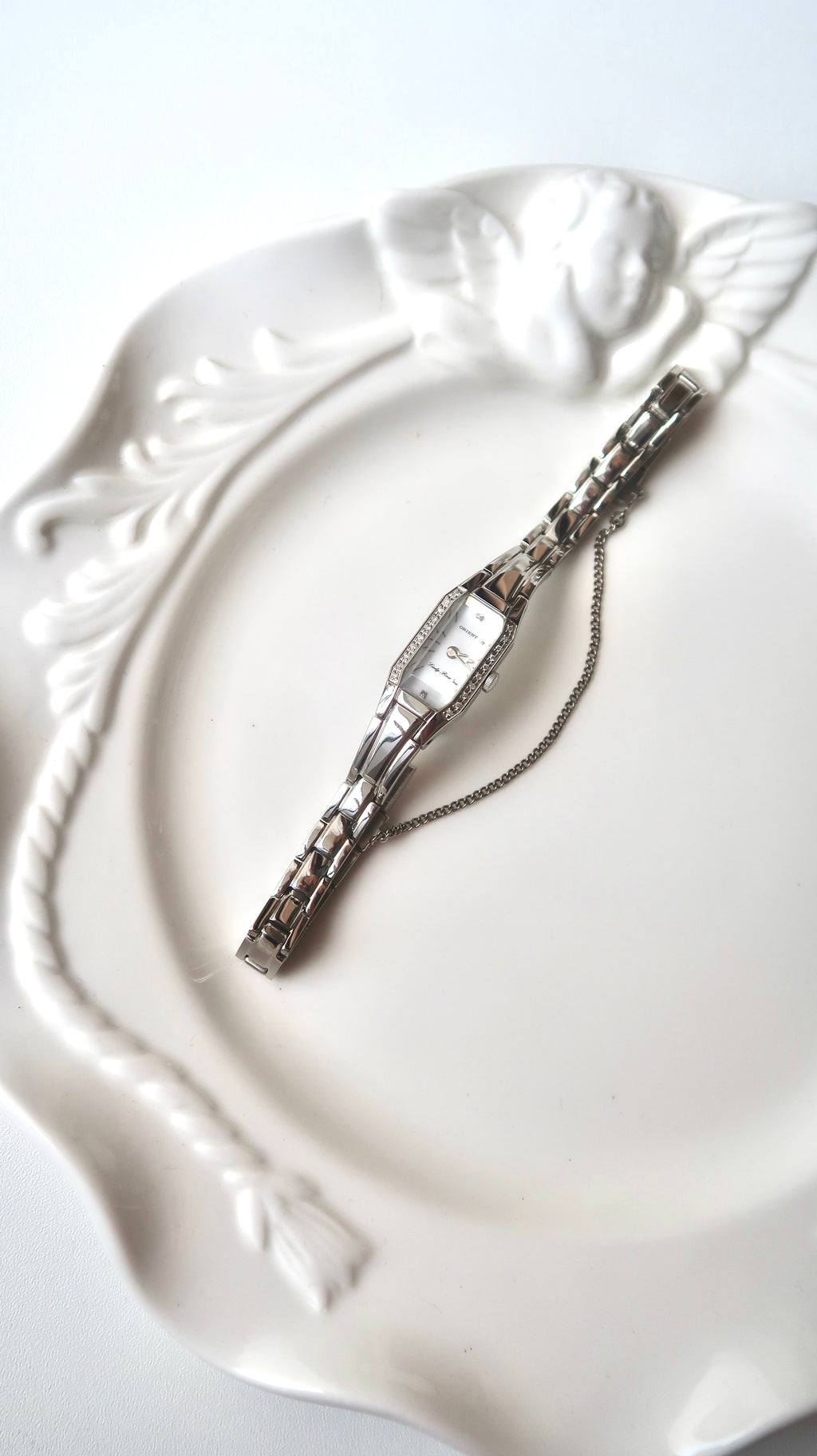 Or. Lady Rose White MOP Rect Dial Silver Chain Watch