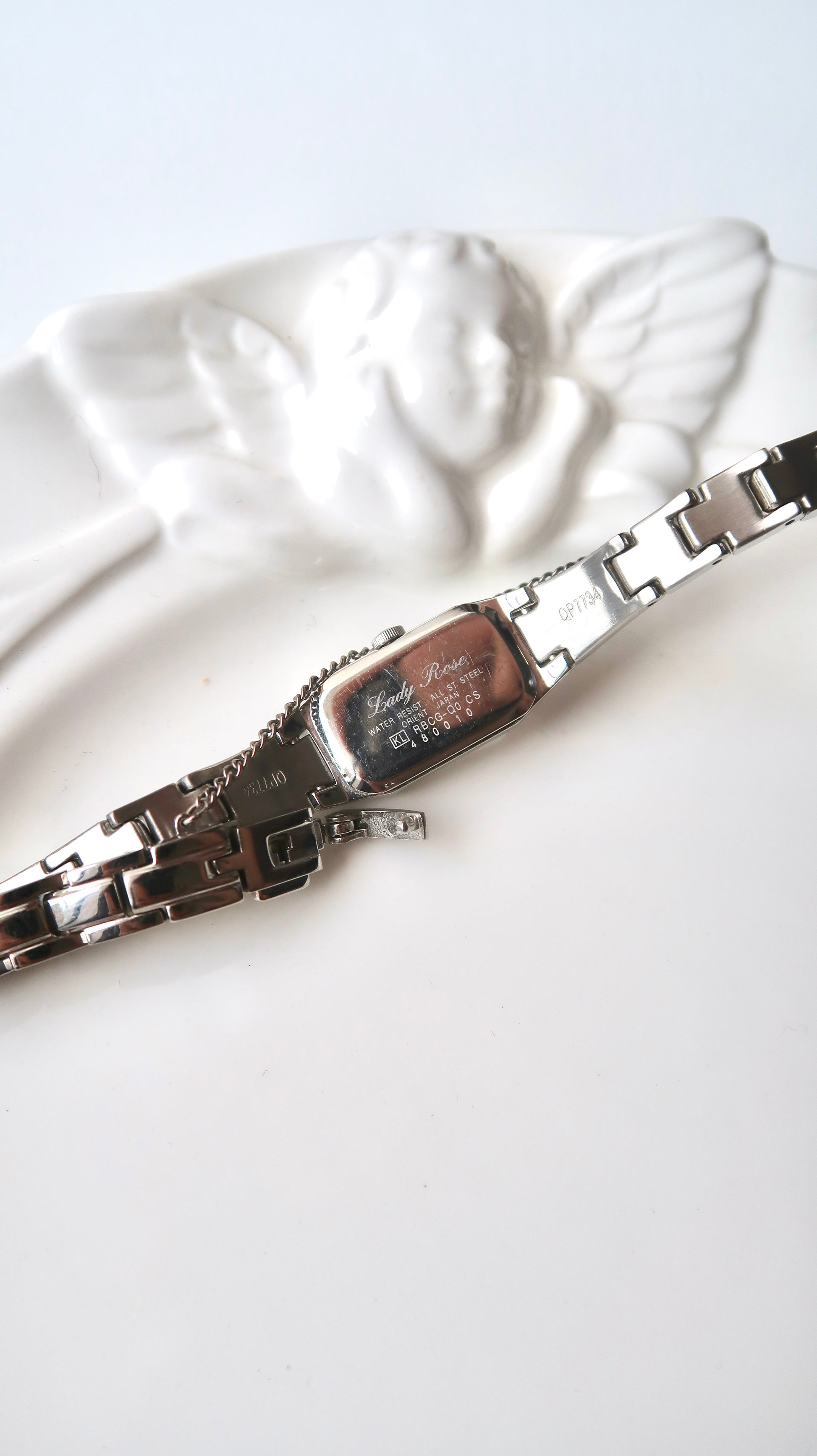 Or. Lady Rose White MOP Rect Dial Silver Chain Watch