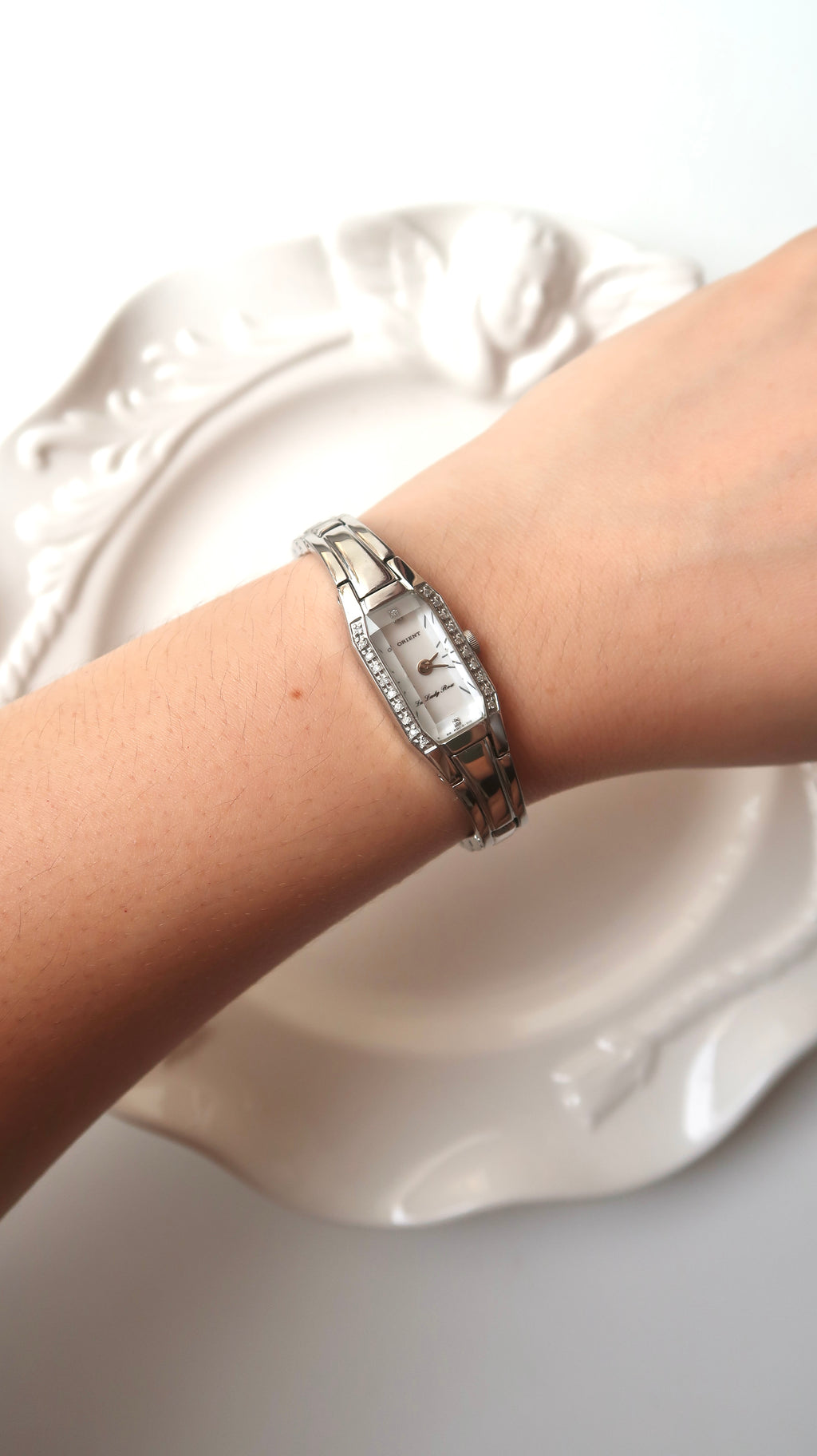 Or. Lady Rose White MOP Rect Dial Silver Chain Watch