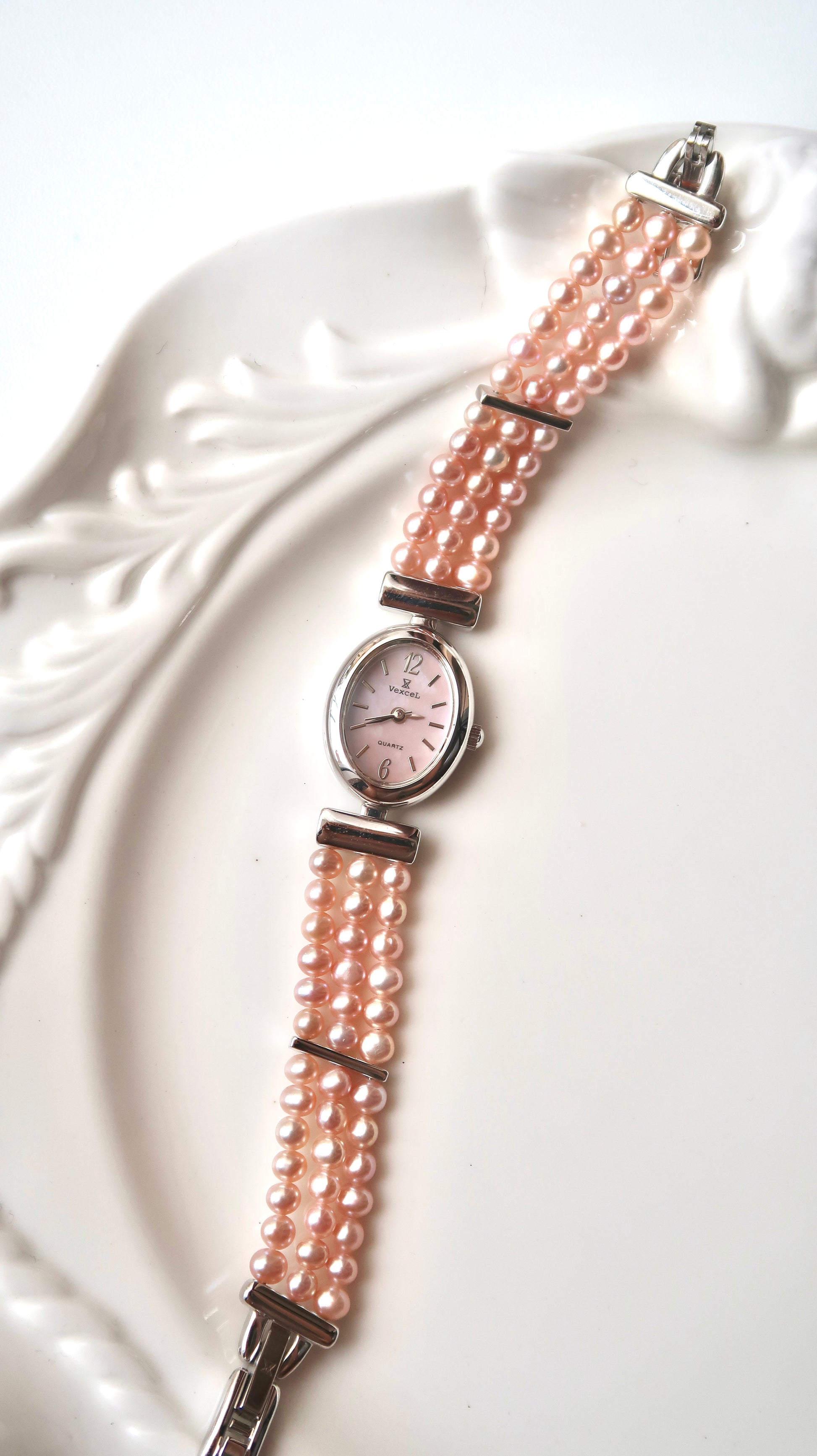 Vx. Pink MOP Oval Dial Pink Pearls Silver Chain Watch