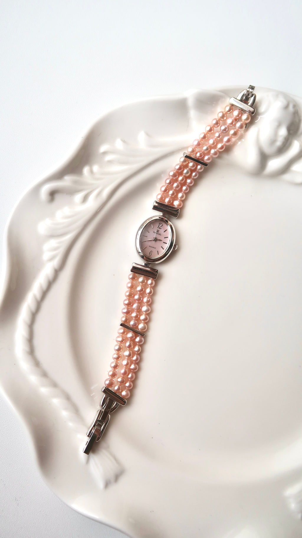 Vx. Pink MOP Oval Dial Pink Pearls Silver Chain Watch