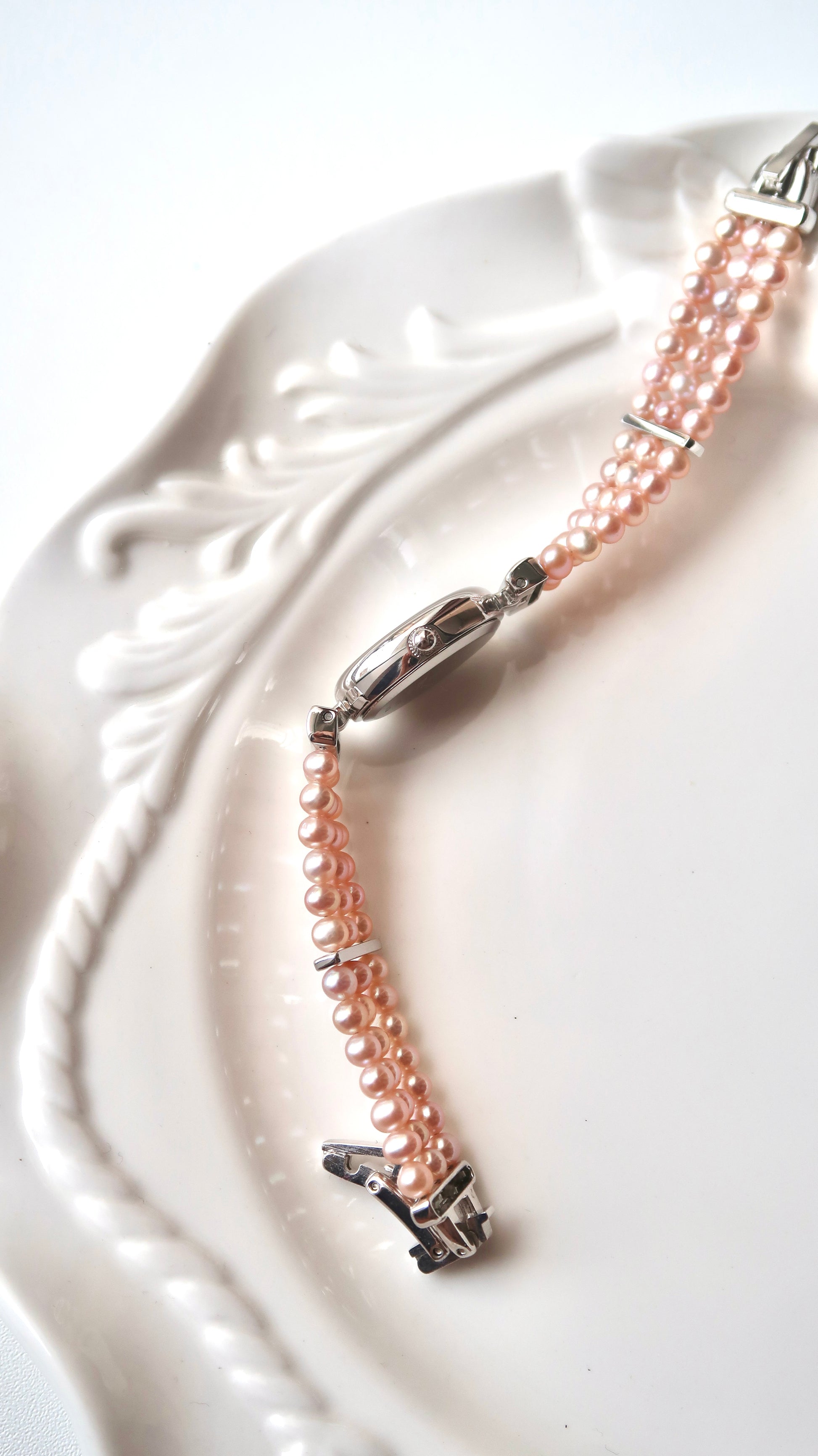 Vx. Pink MOP Oval Dial Pink Pearls Silver Chain Watch