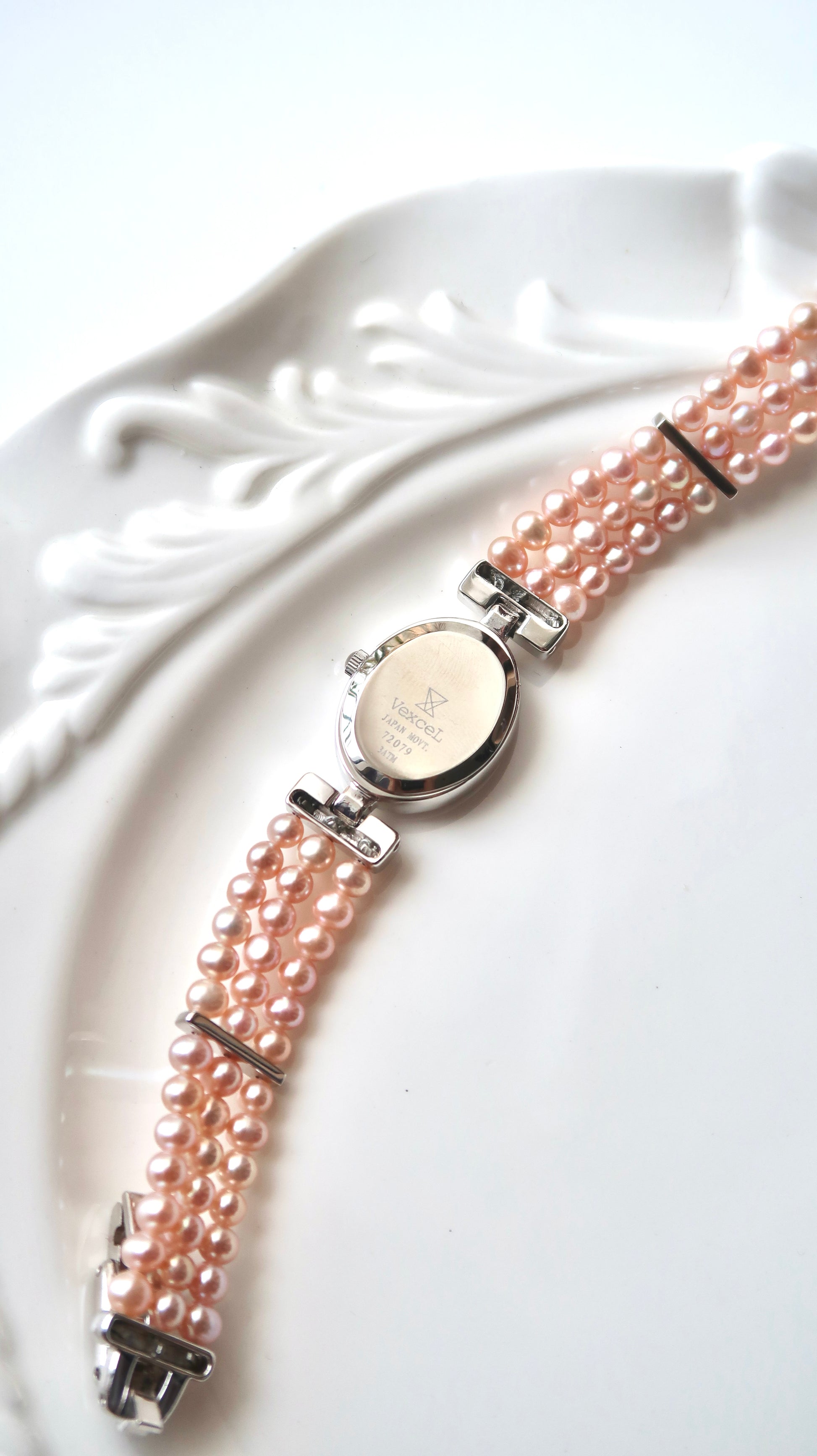 Vx. Pink MOP Oval Dial Pink Pearls Silver Chain Watch