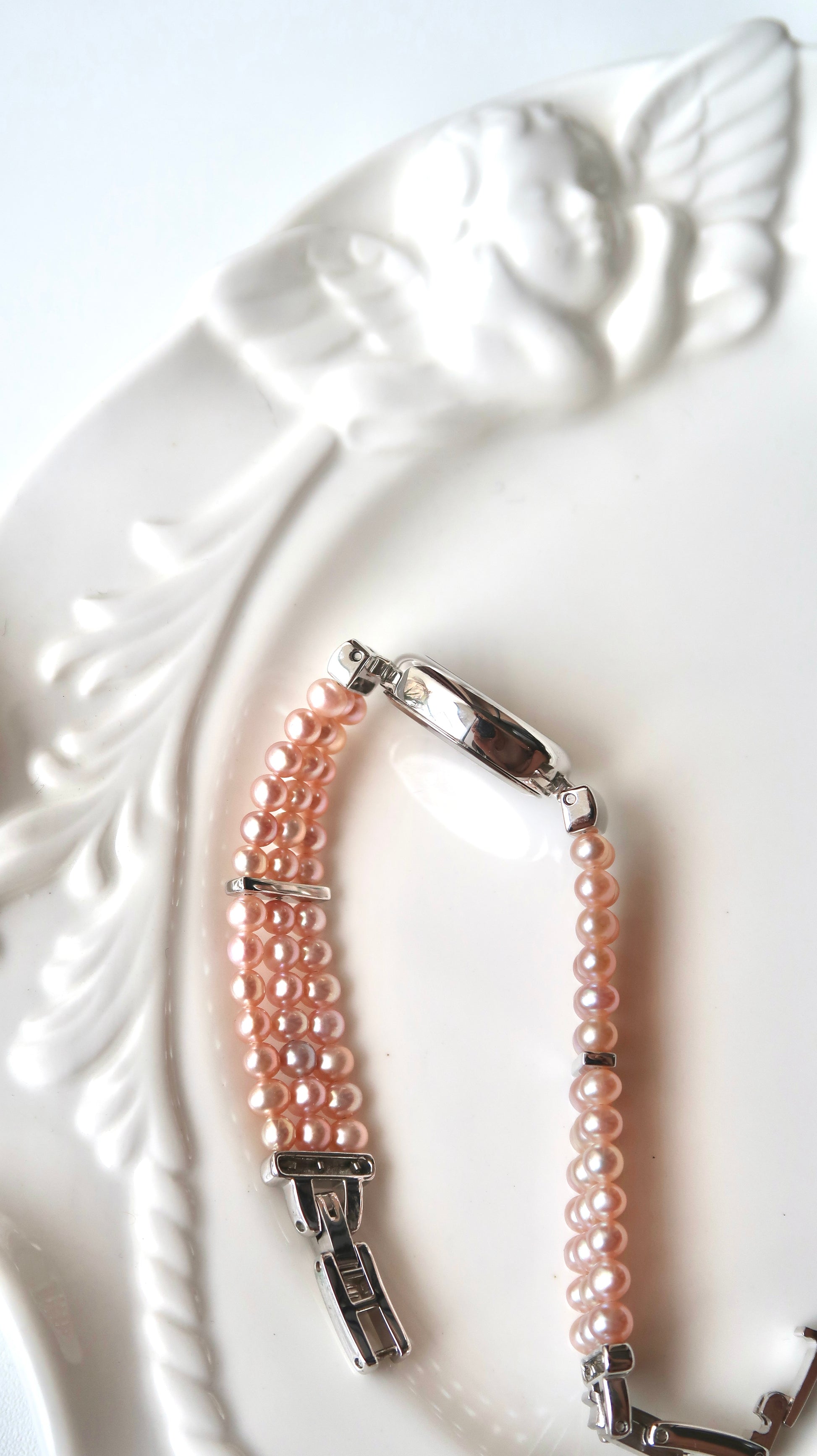 Vx. Pink MOP Oval Dial Pink Pearls Silver Chain Watch