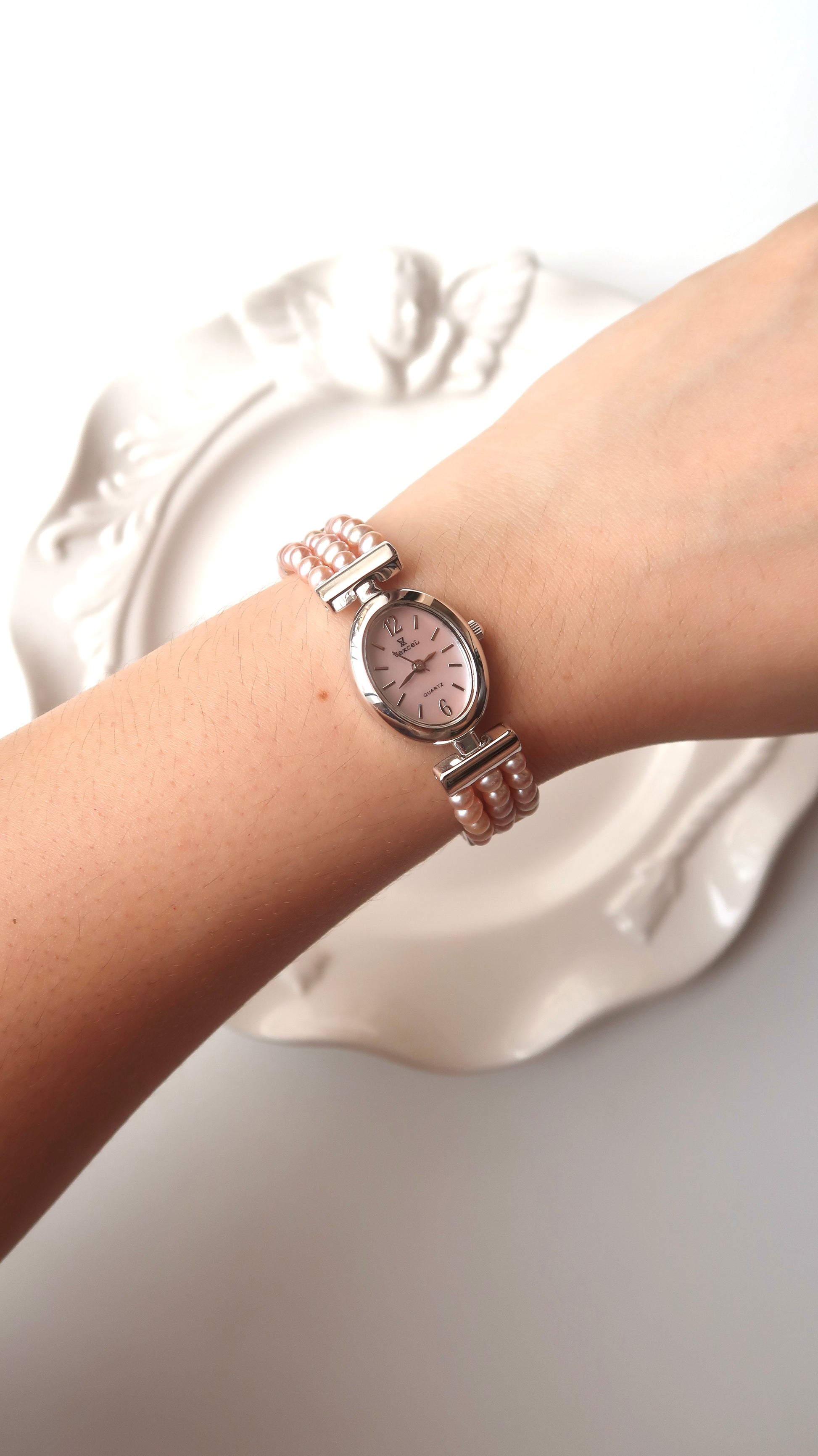 Vx. Pink MOP Oval Dial Pink Pearls Silver Chain Watch
