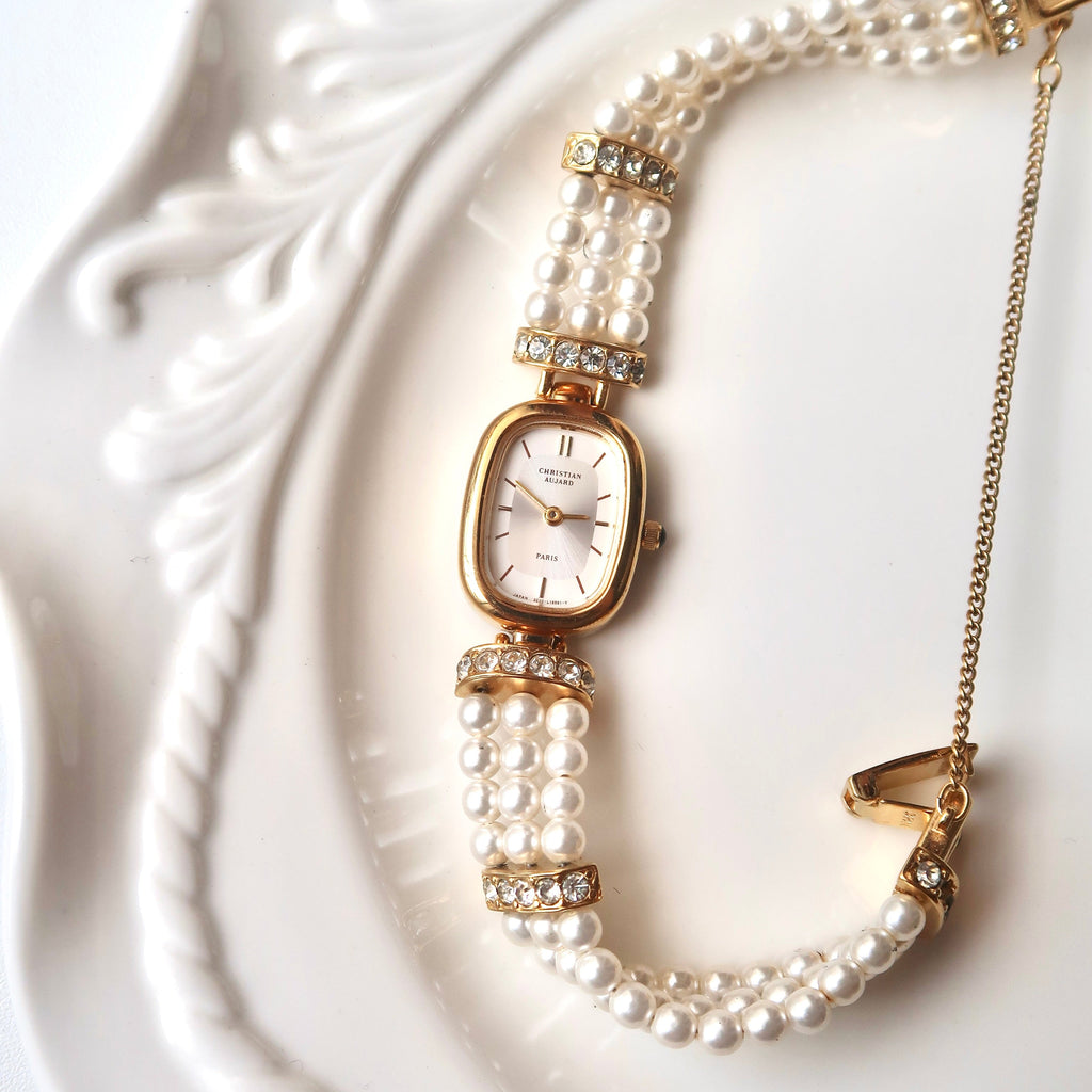 C. Aujard White & Silver Rect Duial White Pearls & Gold Chain Watch