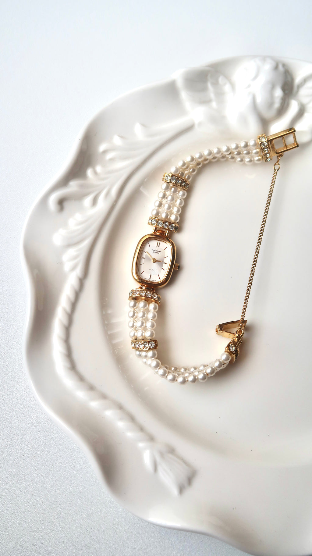 C. Aujard White & Silver Rect Duial White Pearls & Gold Chain Watch