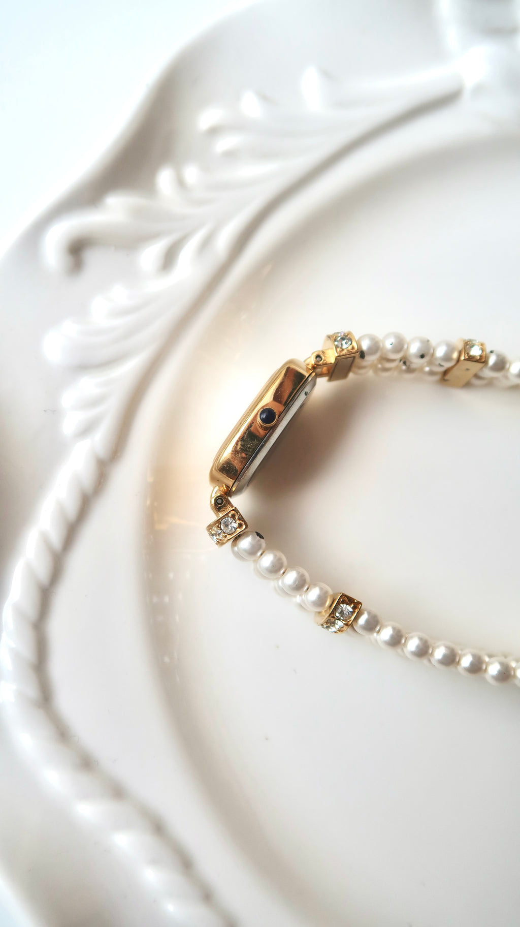 C. Aujard White & Silver Rect Duial White Pearls & Gold Chain Watch