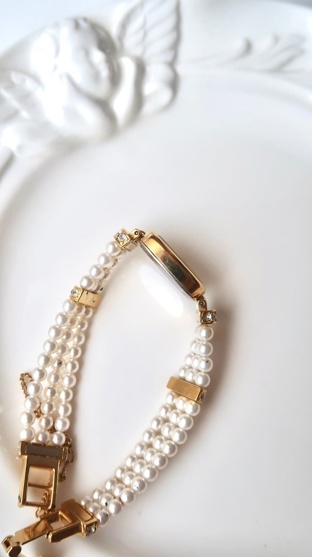 C. Aujard White & Silver Rect Duial White Pearls & Gold Chain Watch