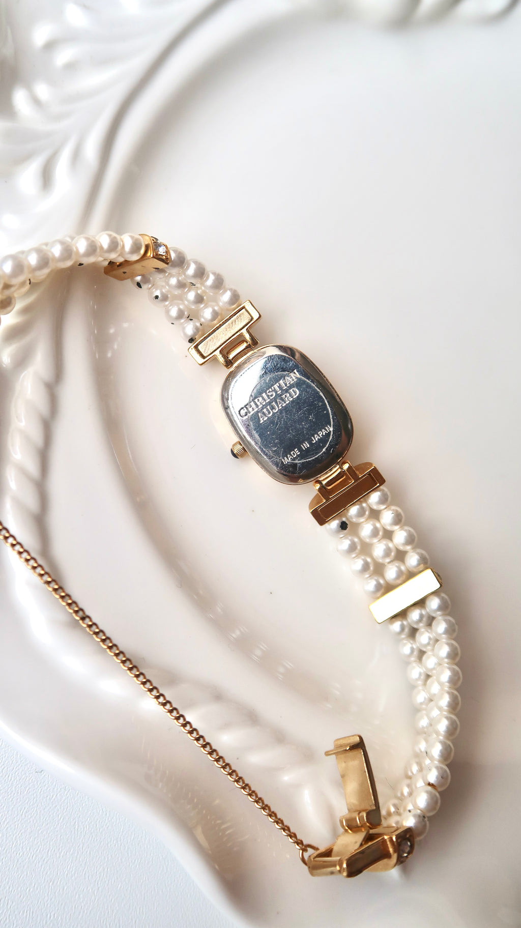 C. Aujard White & Silver Rect Duial White Pearls & Gold Chain Watch