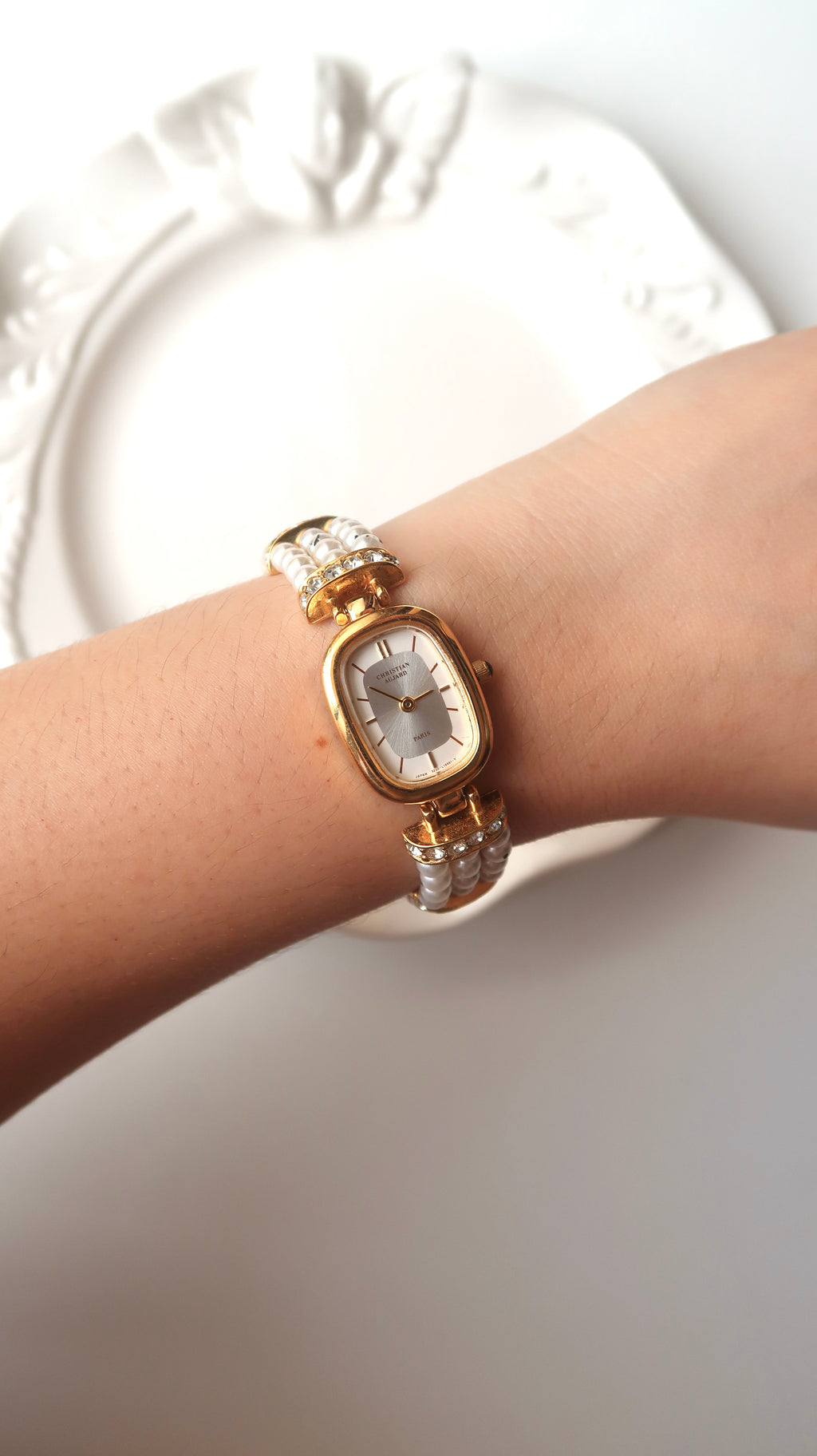 C. Aujard White & Silver Rect Duial White Pearls & Gold Chain Watch