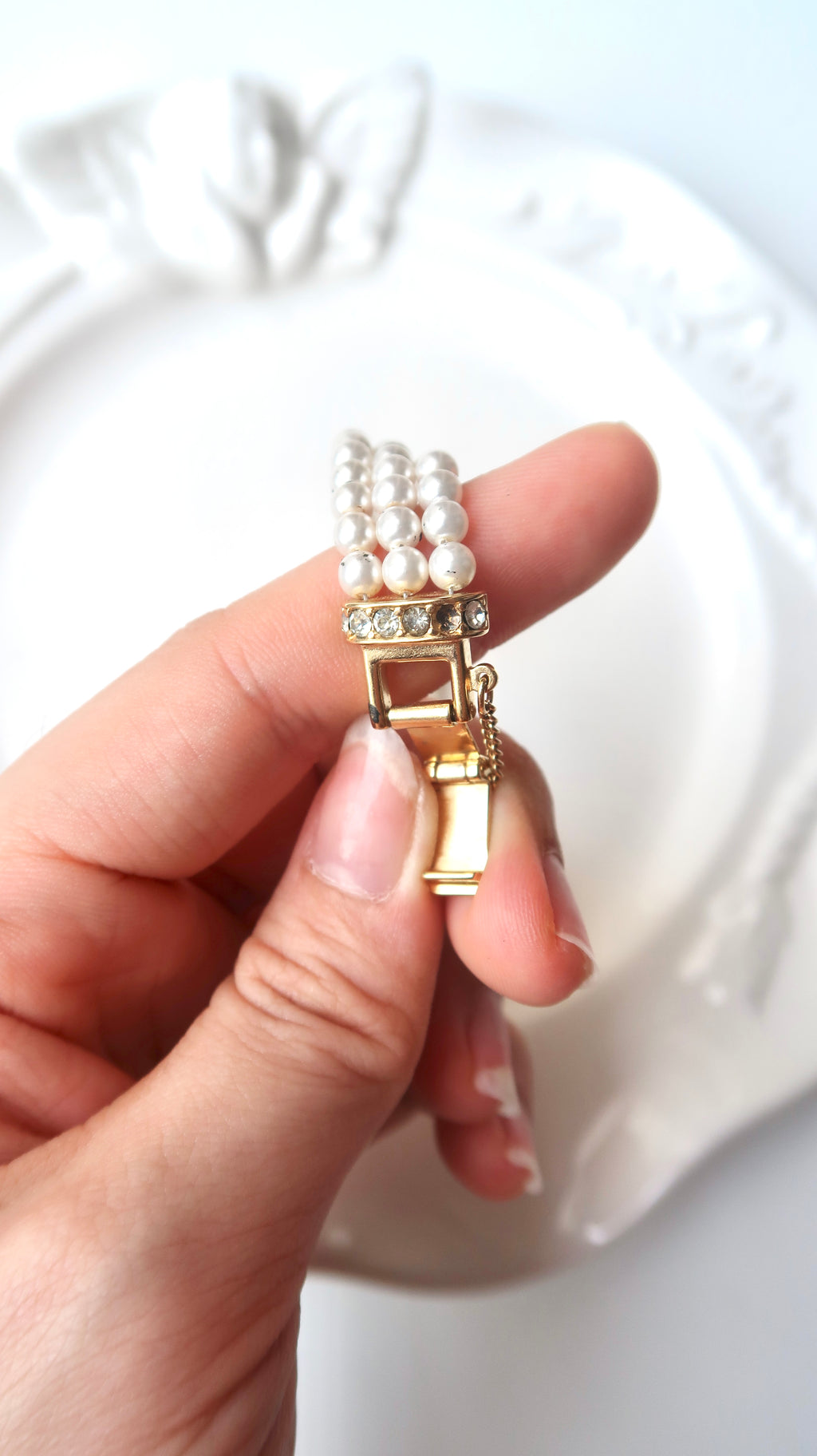 C. Aujard White & Silver Rect Duial White Pearls & Gold Chain Watch