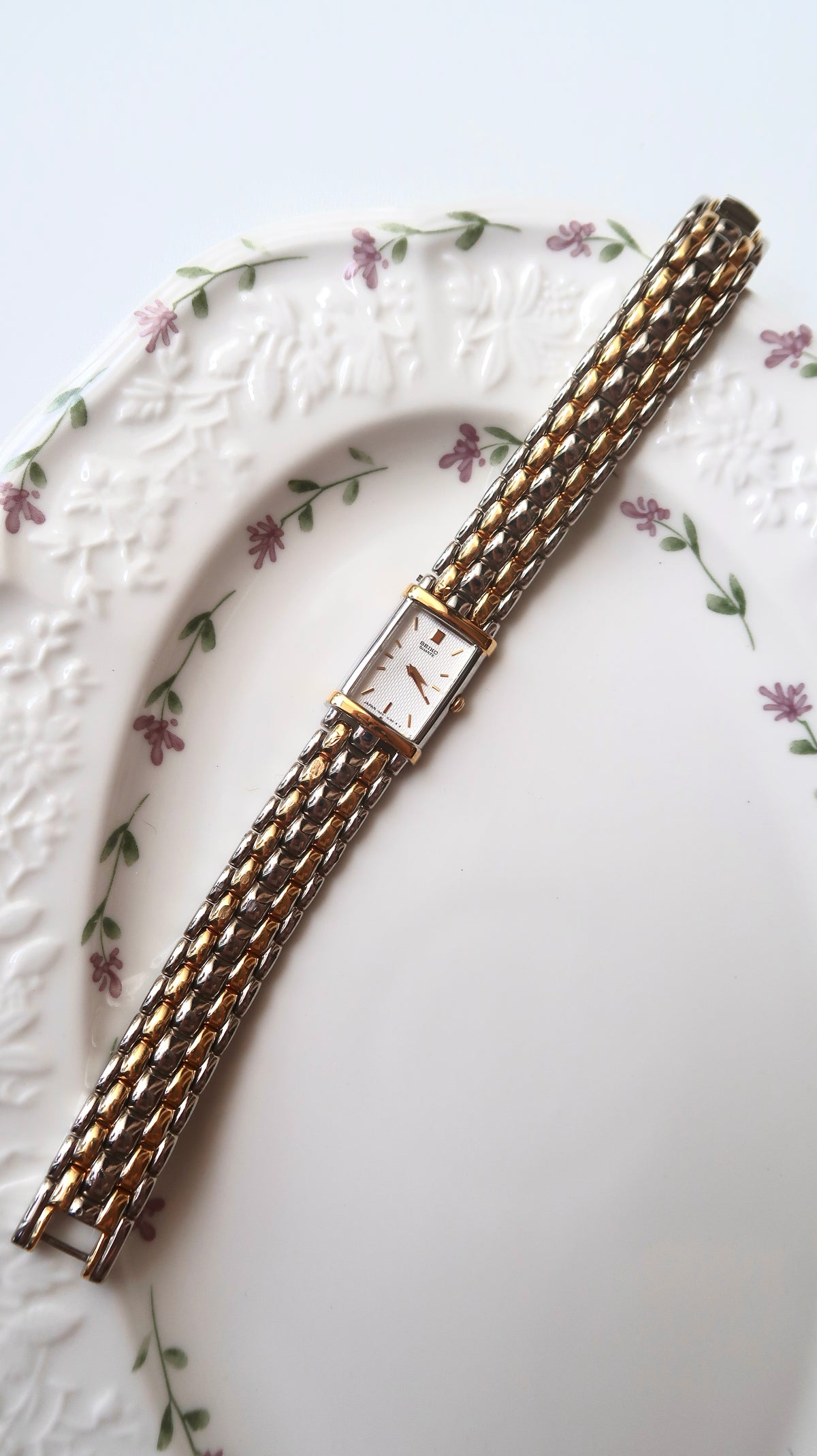 S. White Rect Tank Dial Two Tone Chain Watch