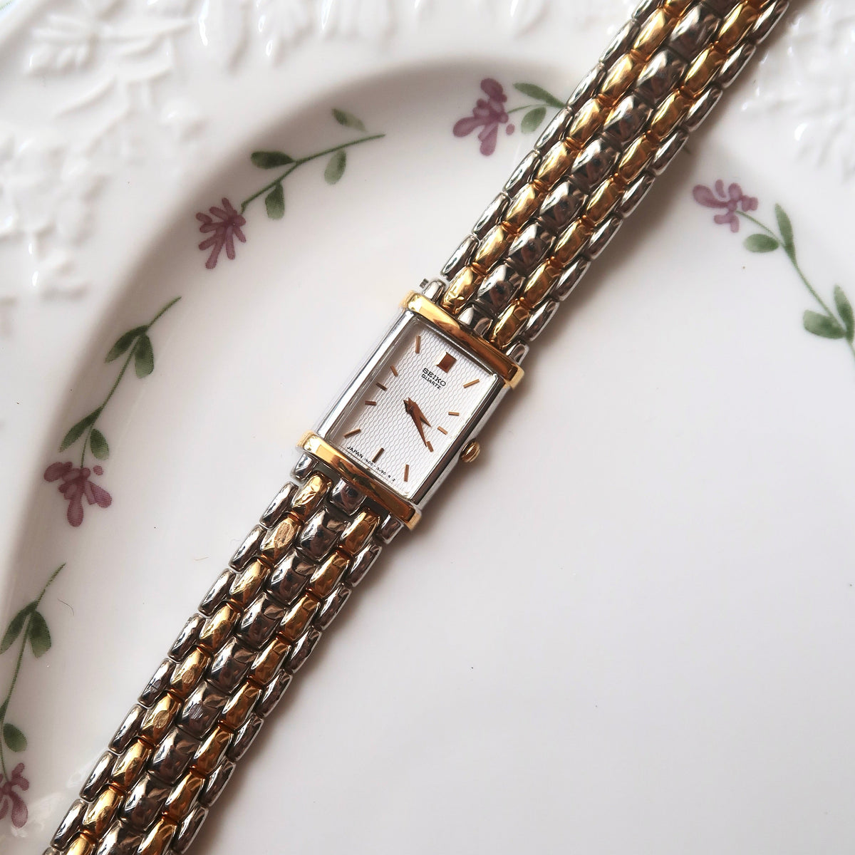 S. White Rect Tank Dial Two Tone Chain Watch