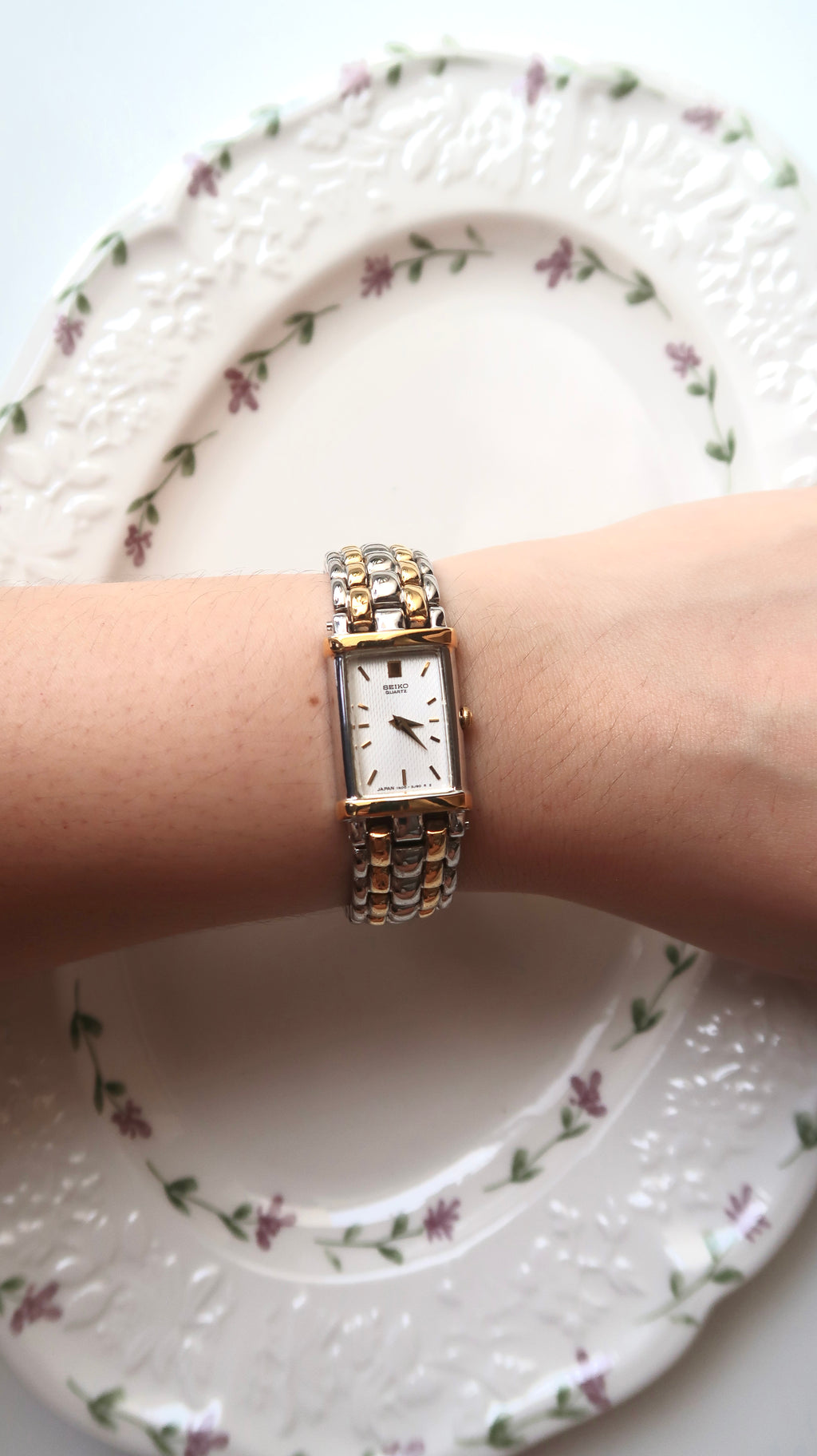 S. White Rect Tank Dial Two Tone Chain Watch
