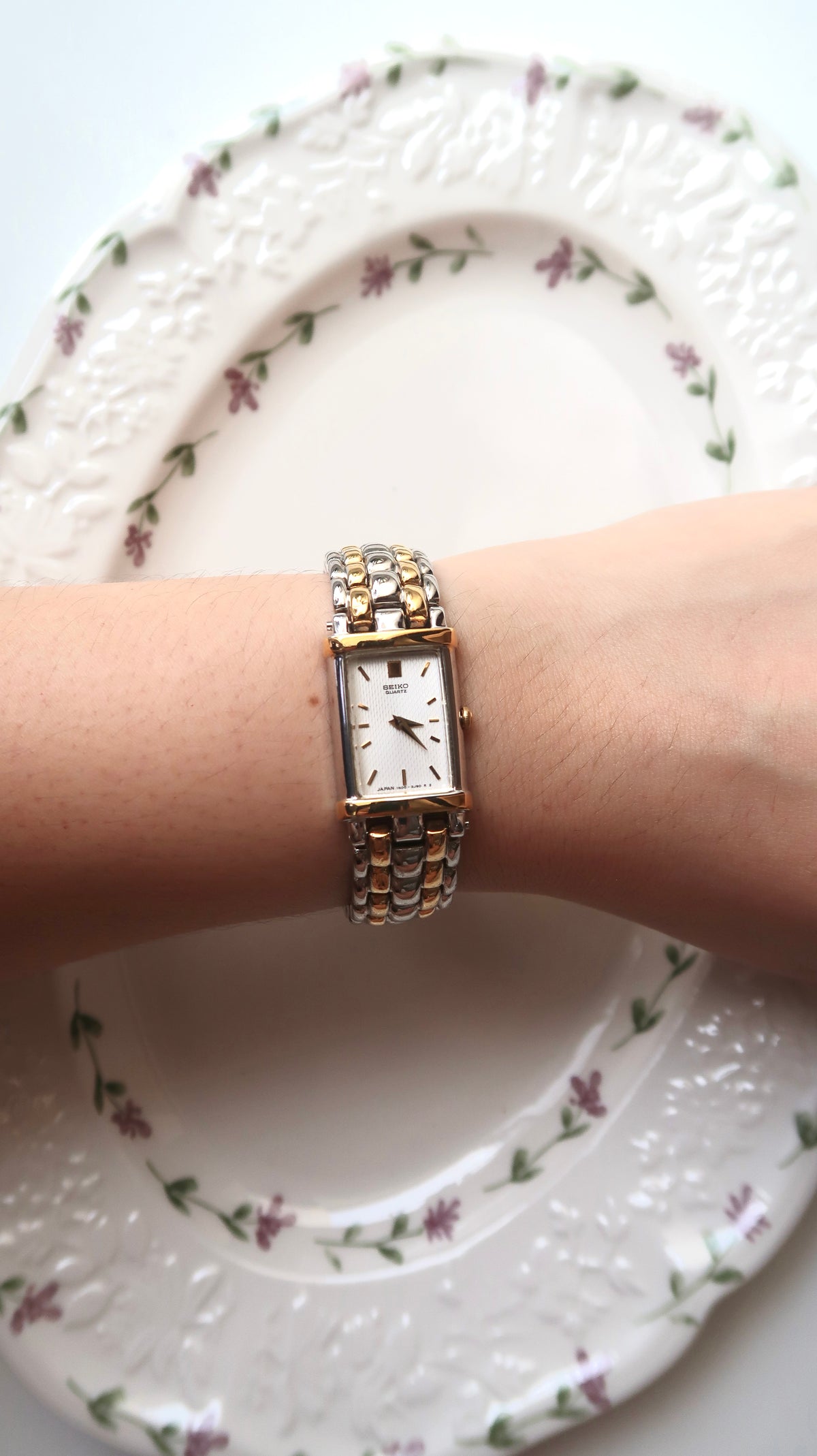 S. White Rect Tank Dial Two Tone Chain Watch