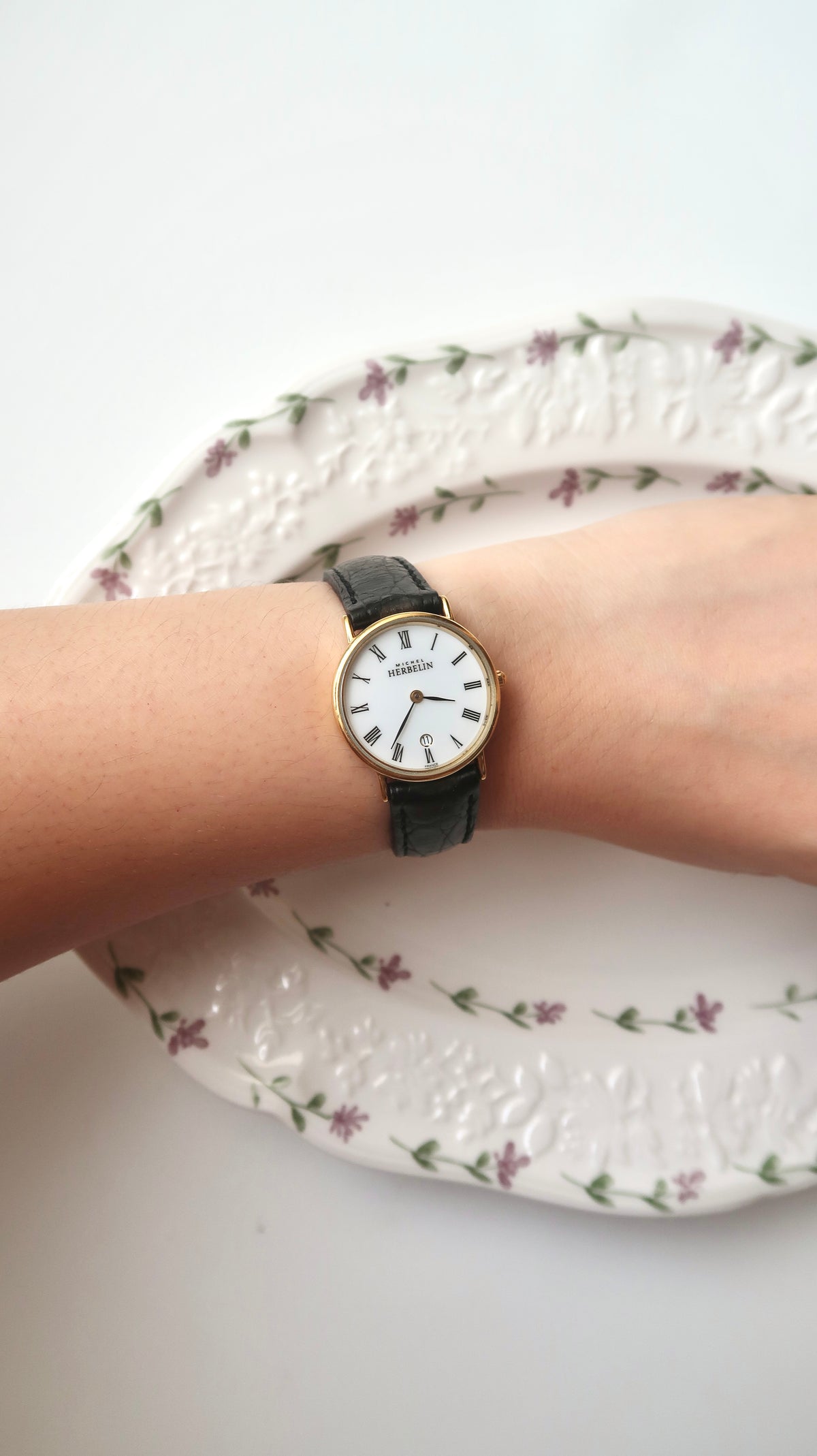 M. Herbelin White Roman Date Round Dial Black Strap Watch