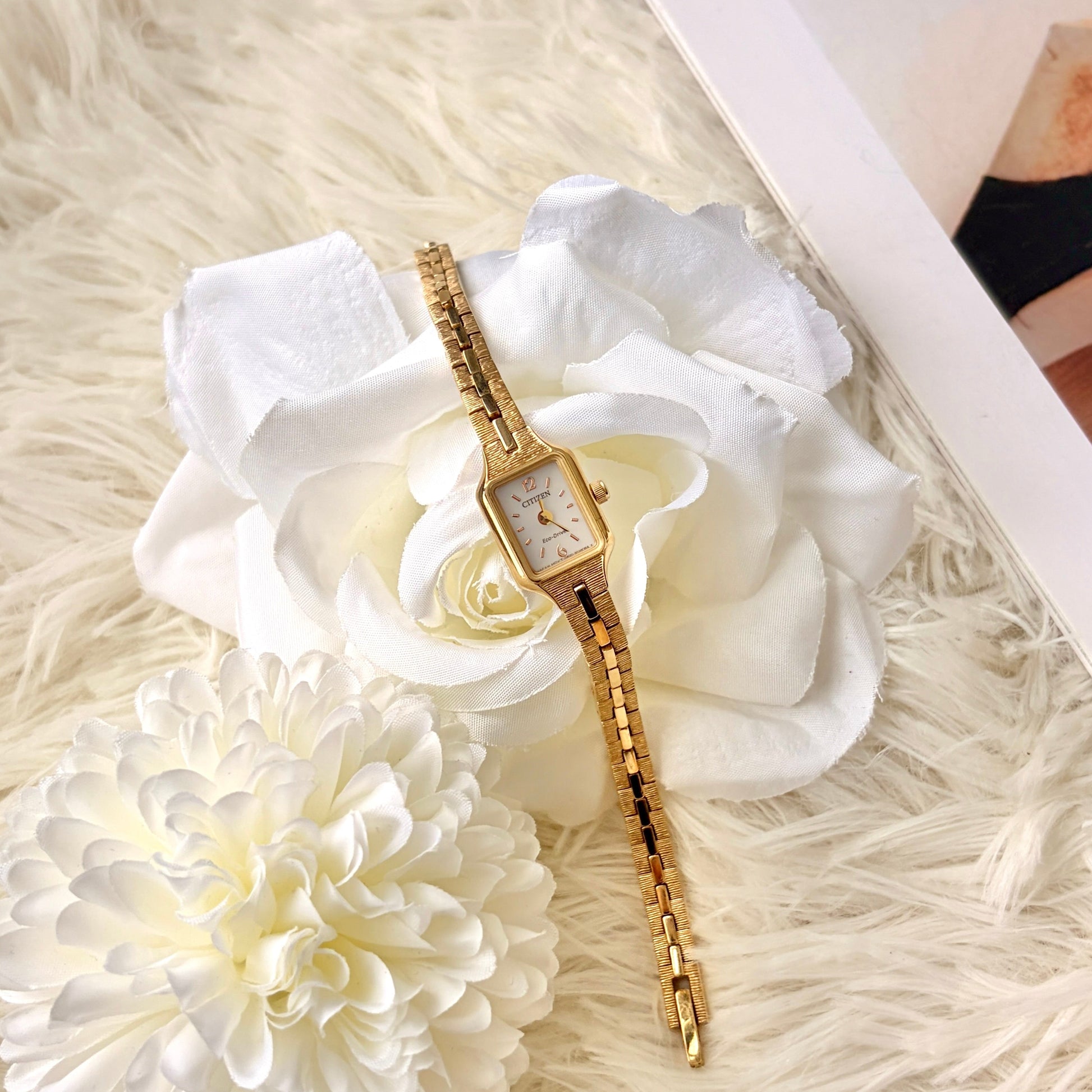 CTZ. Kii Eco Drive Mini Square White Dial with Gold Bronze Chain Watch