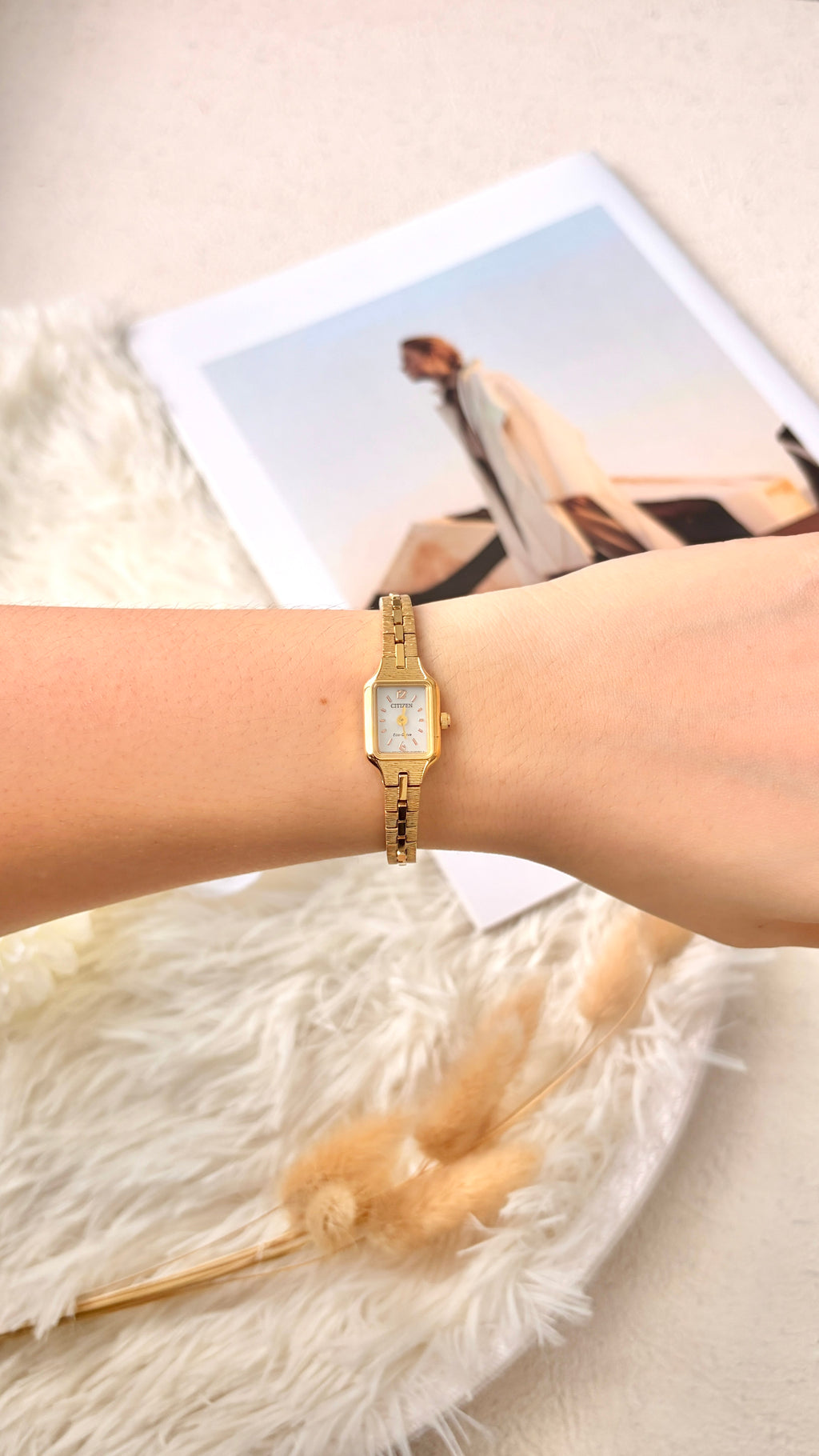 CTZ. Kii Eco Drive Mini Square White Dial with Gold Bronze Chain Watch