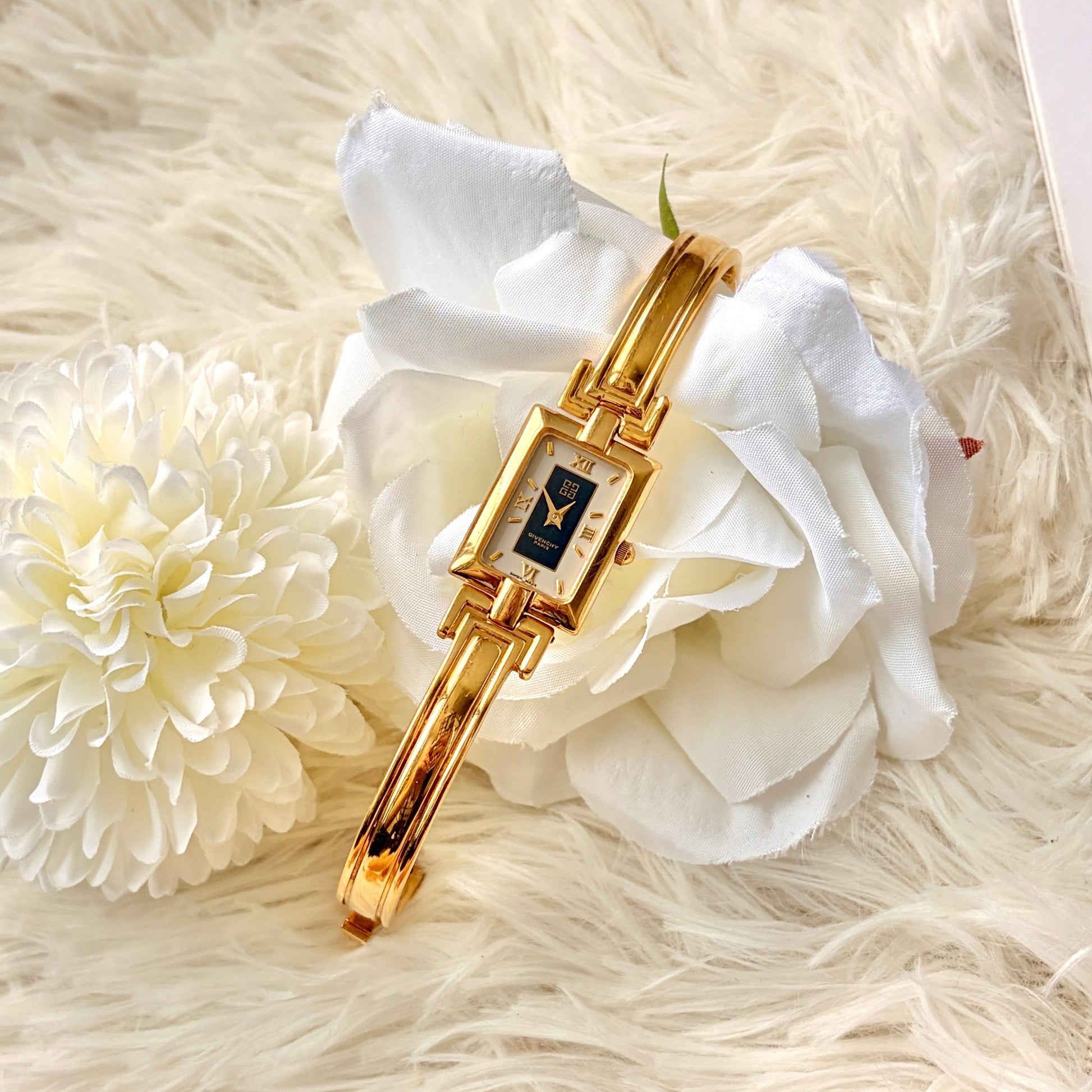 GV. White & Black Rect Dial with Gold Bangle Watch
