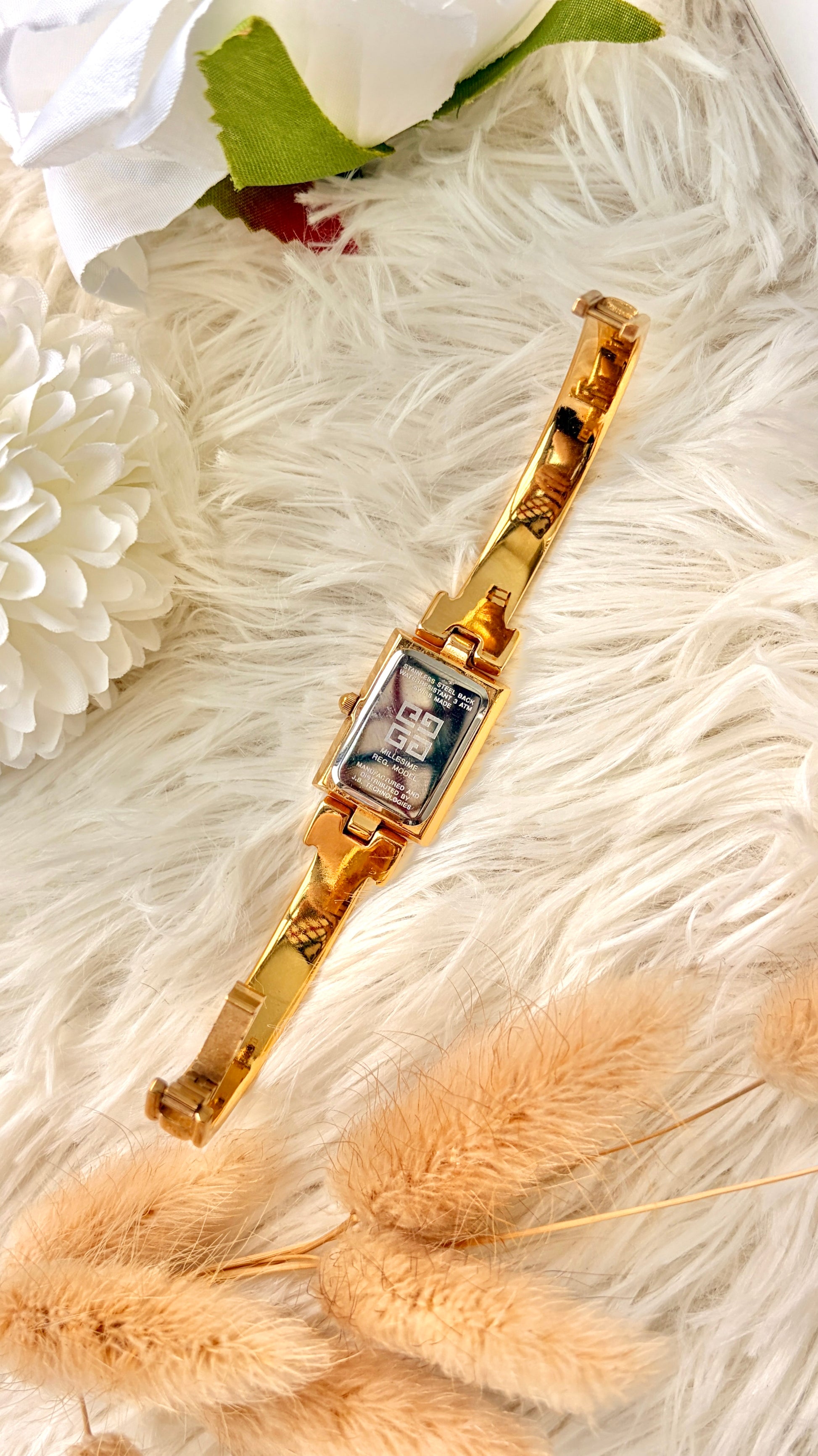 GV. White & Black Rect Dial with Gold Bangle Watch