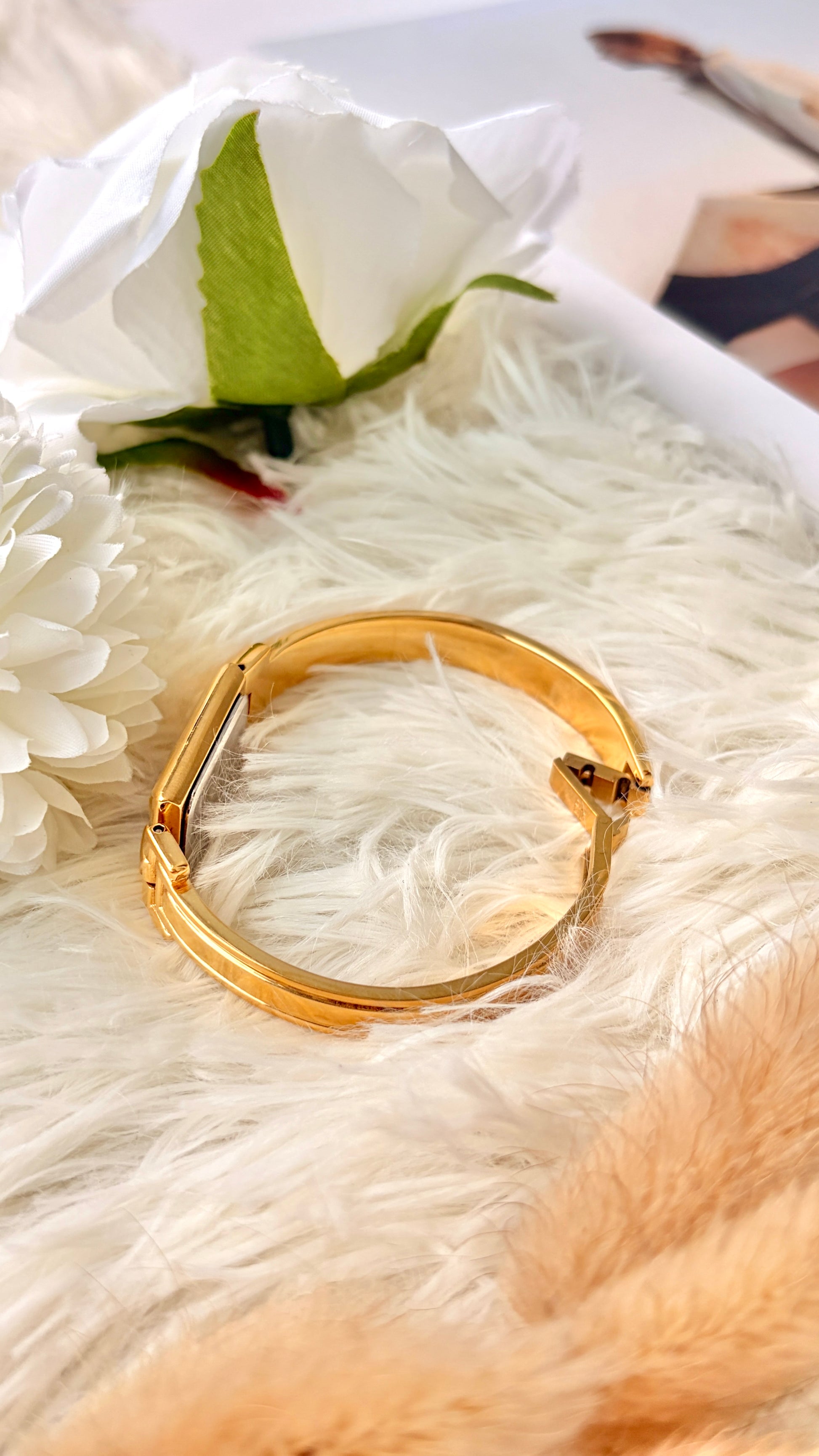 GV. White & Black Rect Dial with Gold Bangle Watch