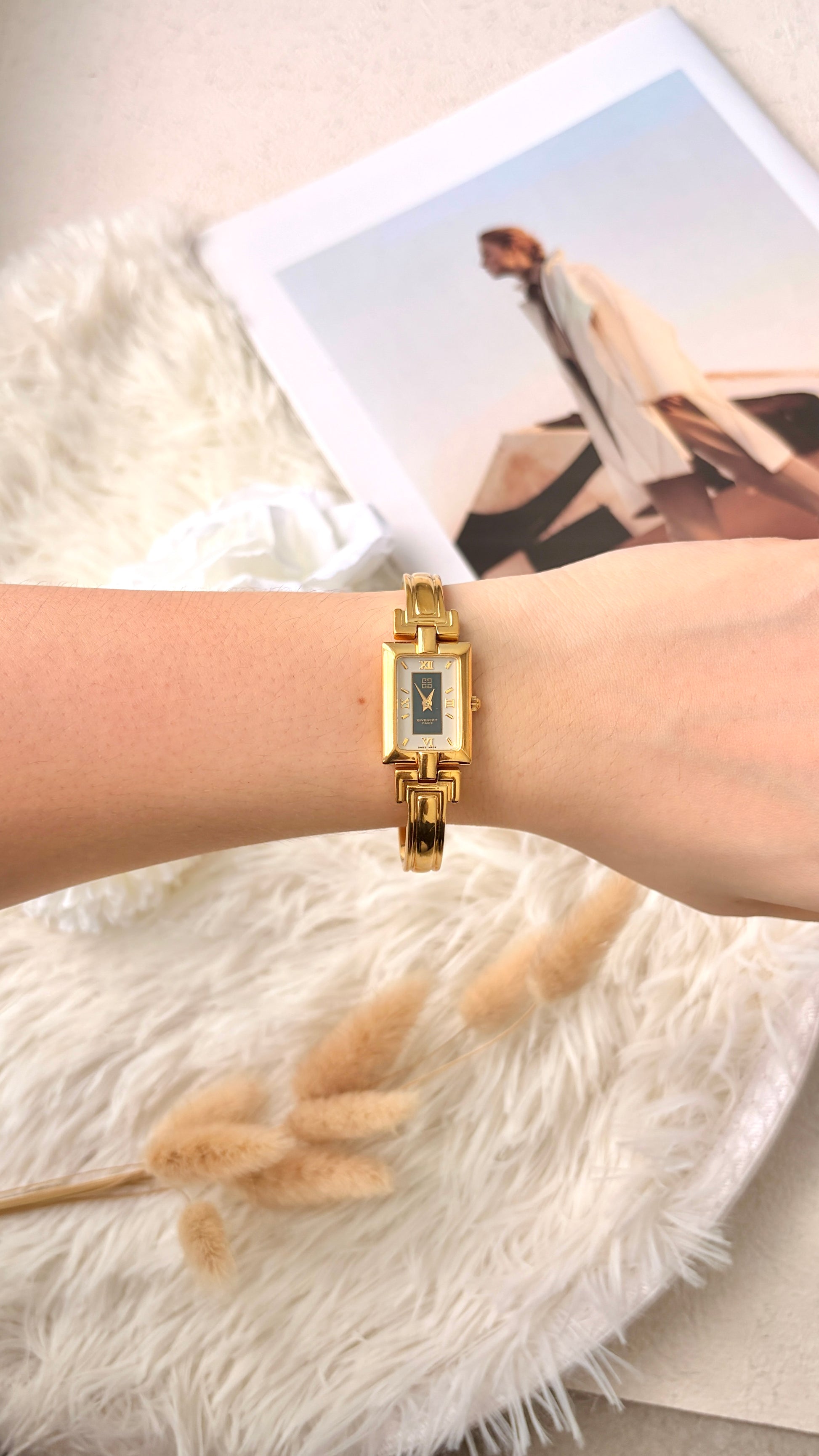 GV. White & Black Rect Dial with Gold Bangle Watch