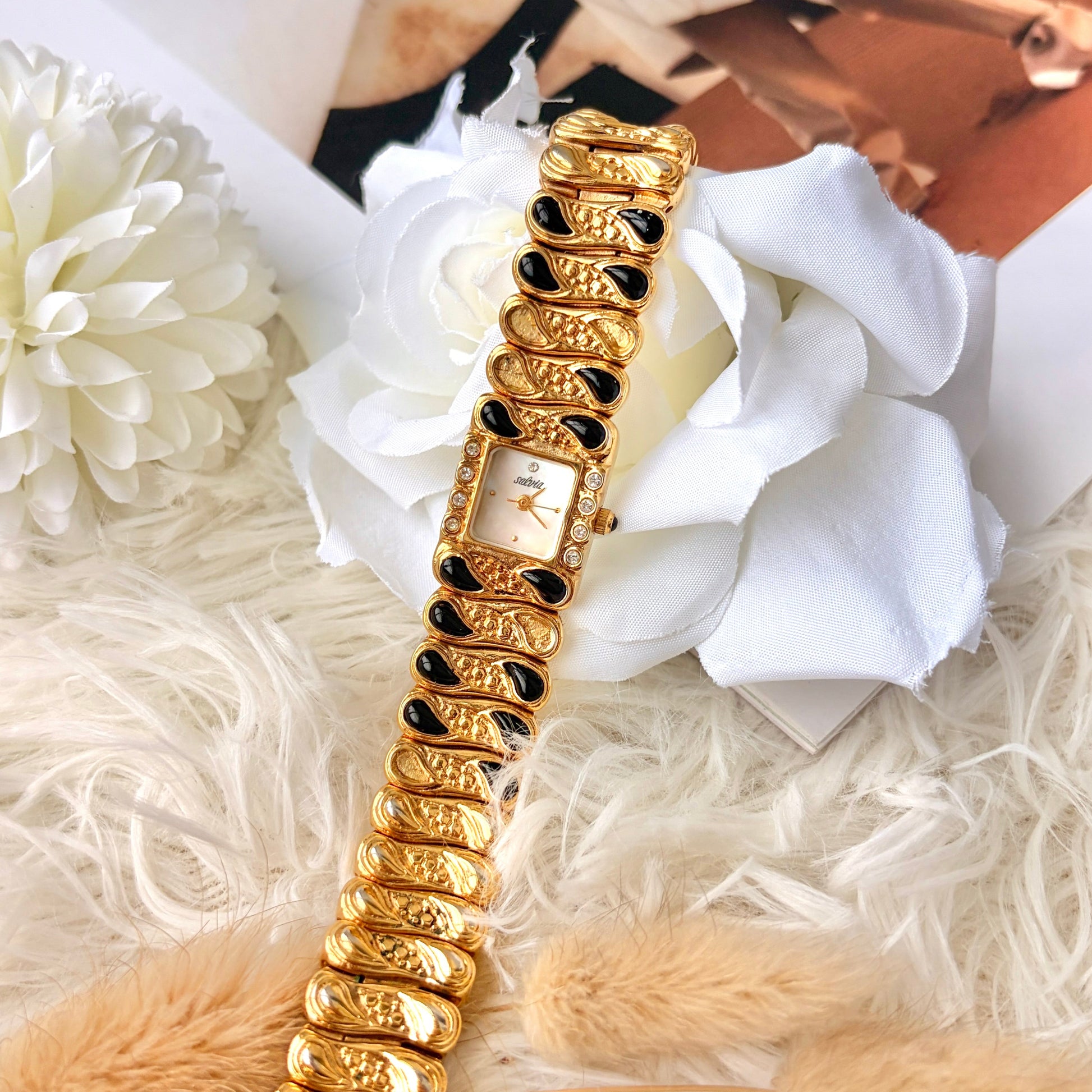 S. Salvia MOP Square Dial with Gold & Black Bangle Watch