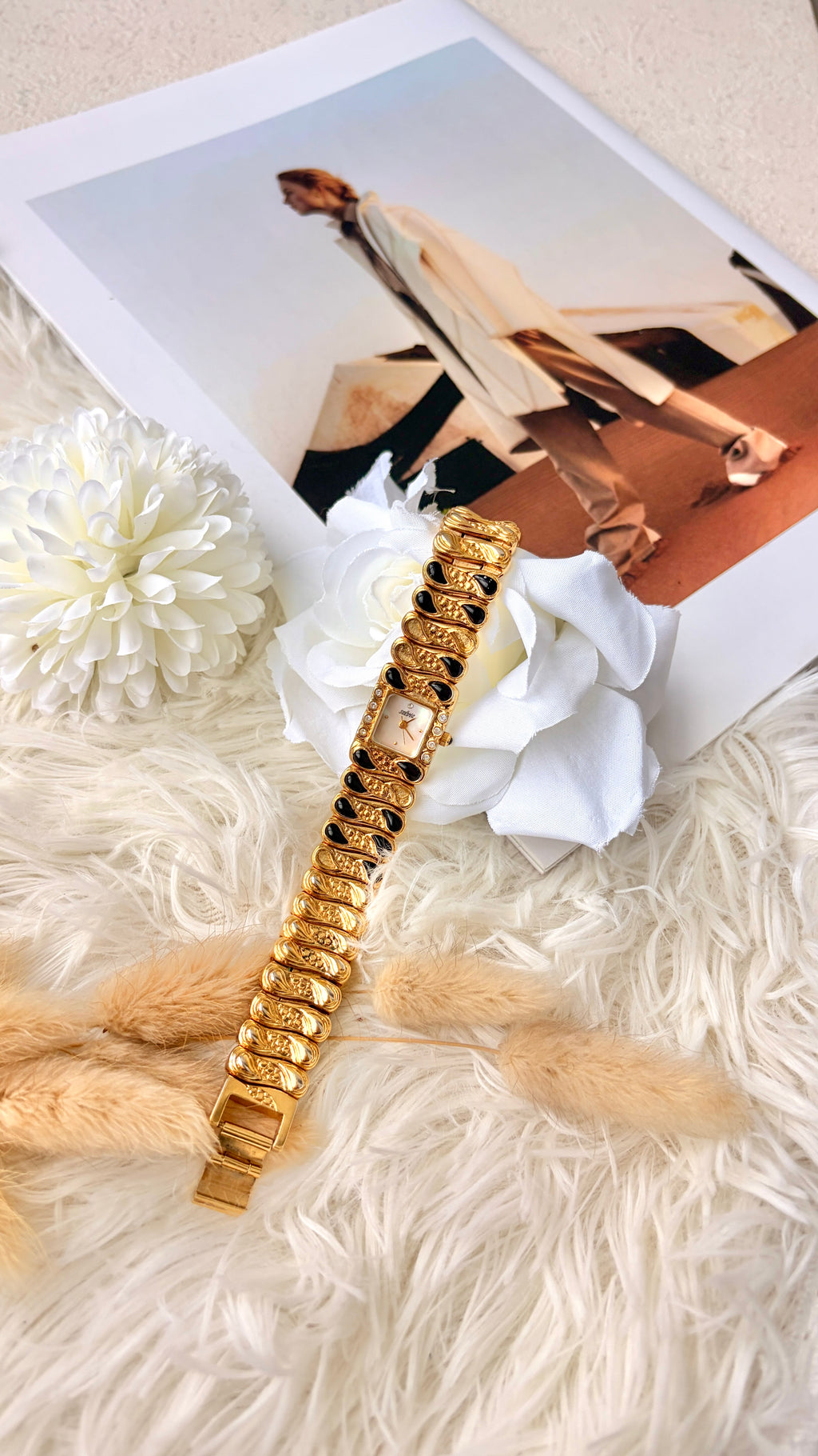 S. Salvia MOP Square Dial with Gold & Black Bangle Watch