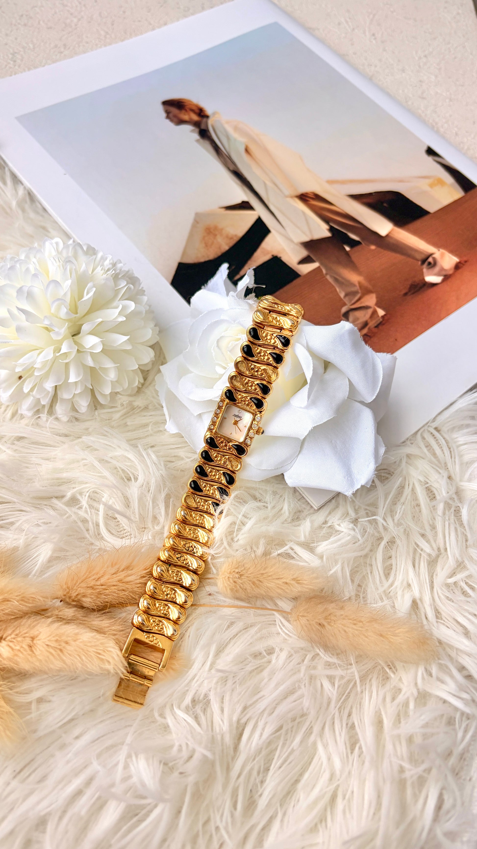 S. Salvia MOP Square Dial with Gold & Black Bangle Watch