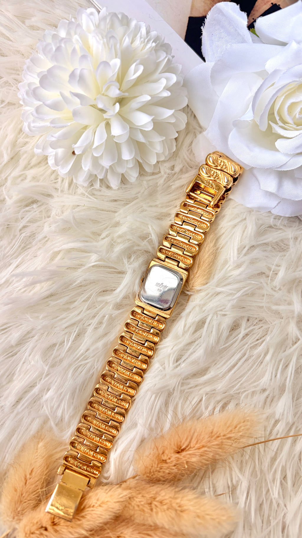 S. Salvia MOP Square Dial with Gold & Black Bangle Watch