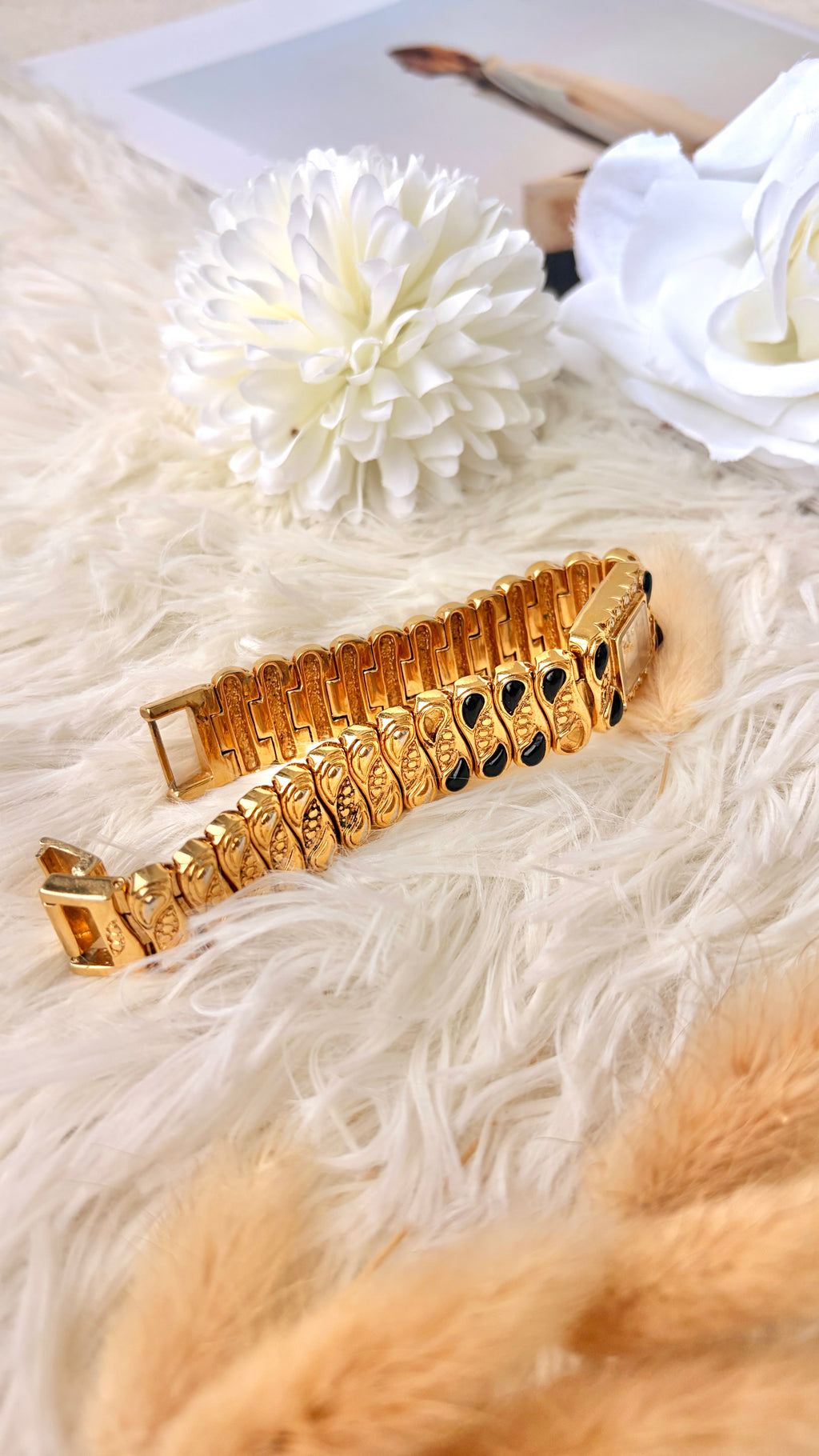 S. Salvia MOP Square Dial with Gold & Black Bangle Watch