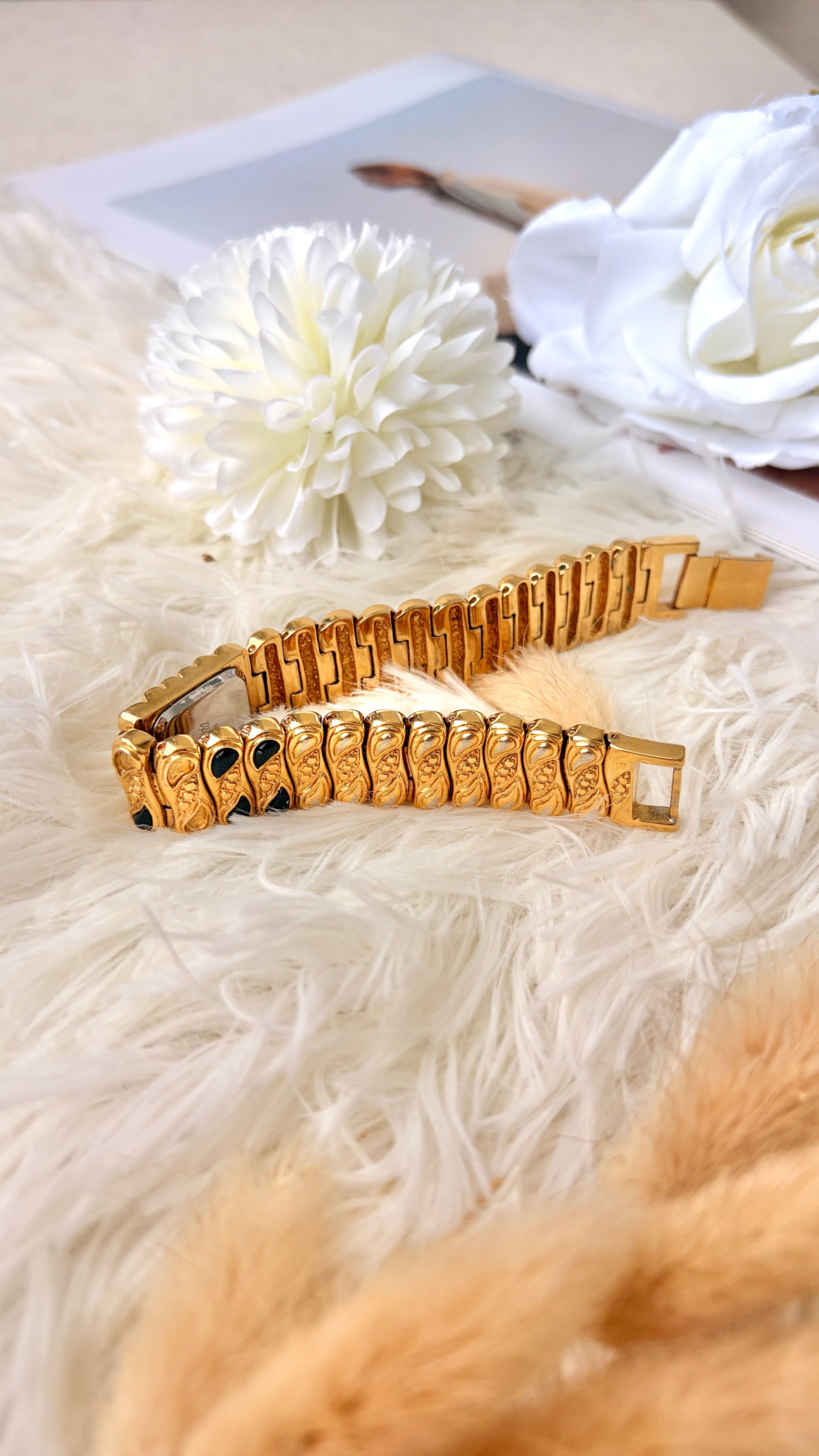 S. Salvia MOP Square Dial with Gold & Black Bangle Watch