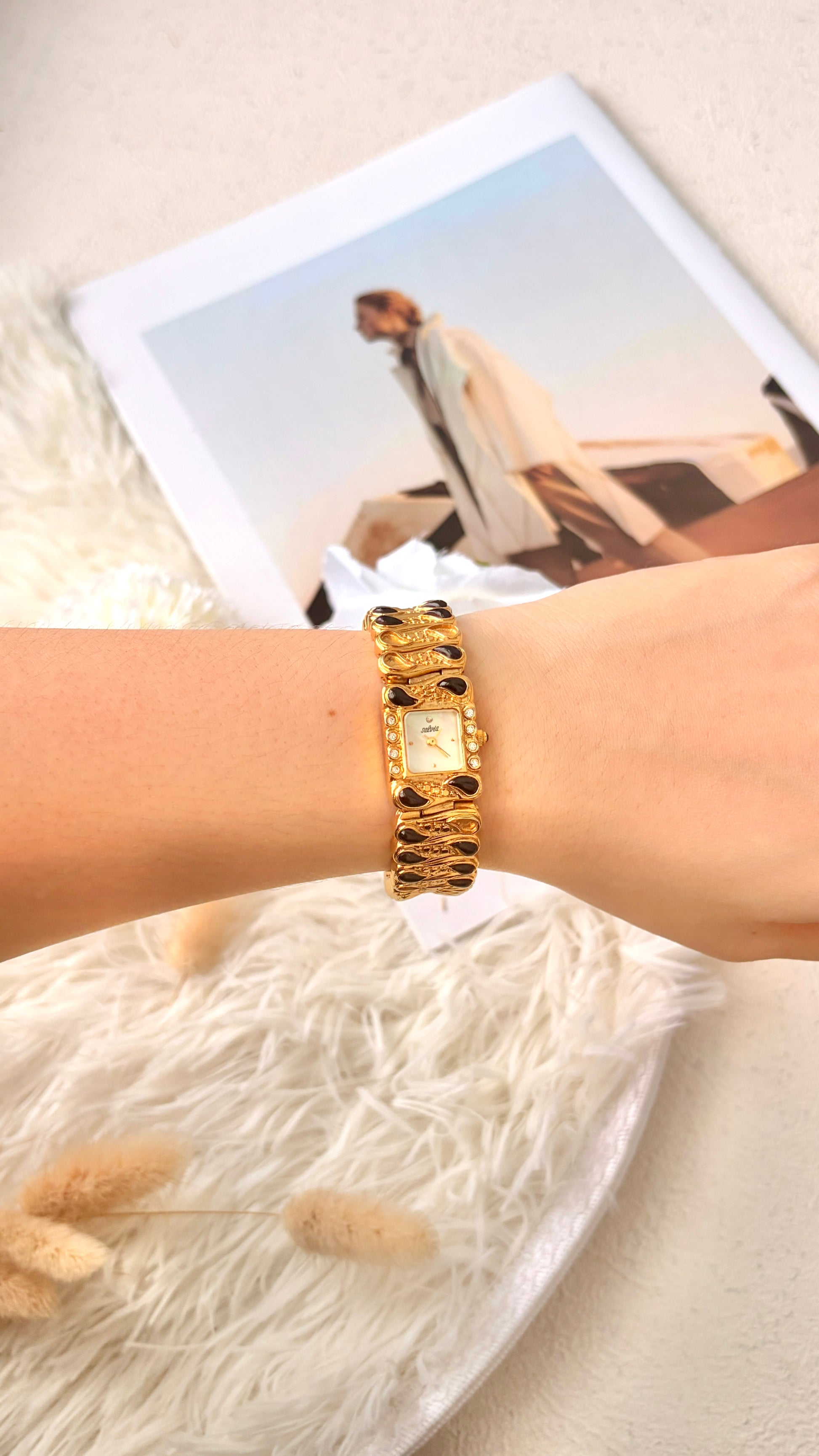 S. Salvia MOP Square Dial with Gold & Black Bangle Watch