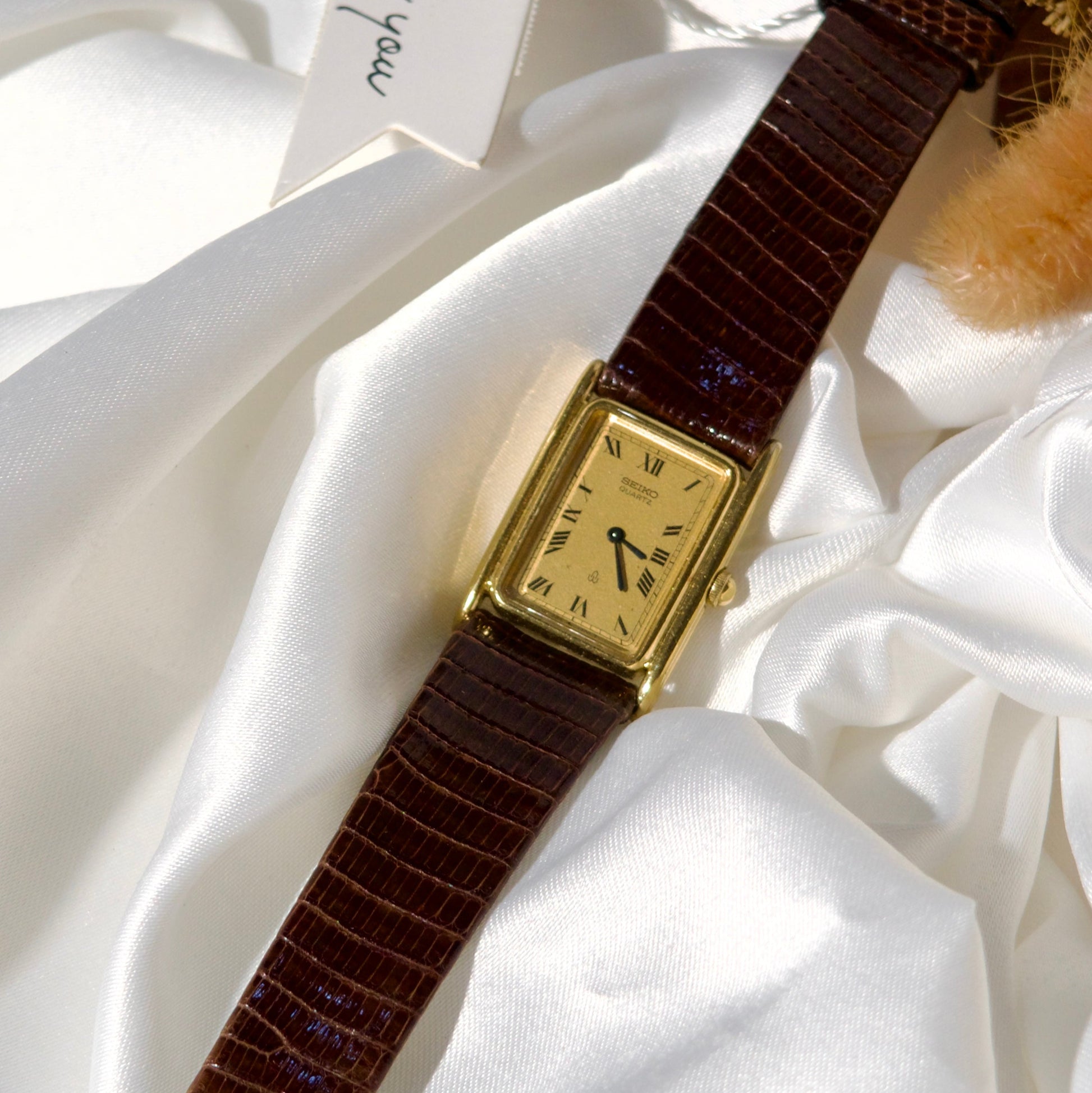 S. Gold Square Roman Dial Leather Strap Watch
