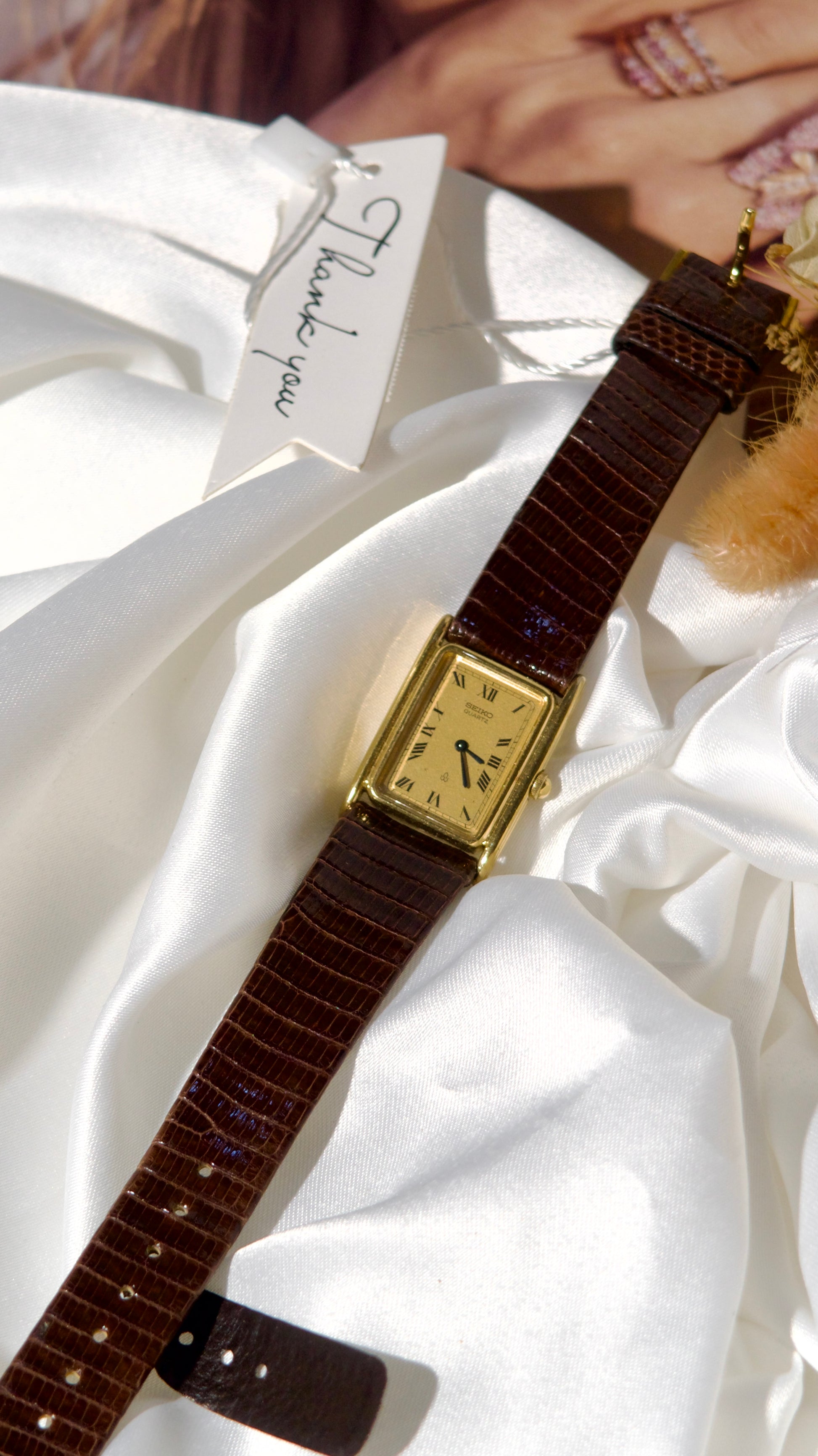 S. Gold Square Roman Dial Leather Strap Watch